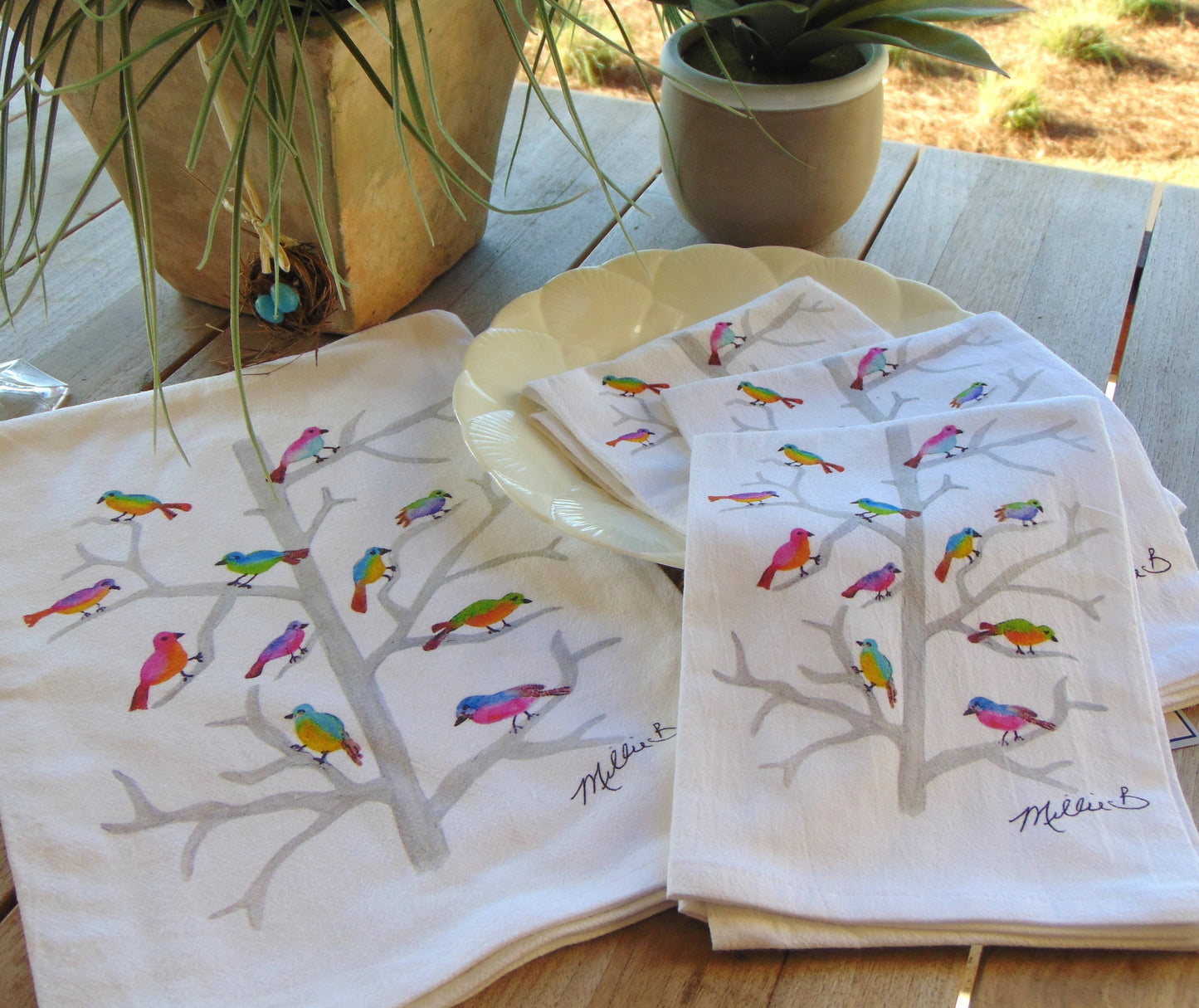 Limited Edition Watercolor Birdies Flour Sack Napkins