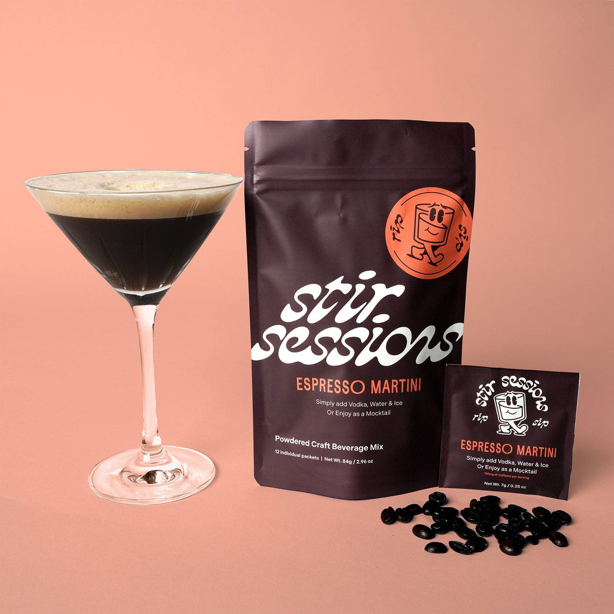 FULL MOOD Stir Sessions Espresso Martini cocktail mix pouch and single packet with a prepared martini in a glass