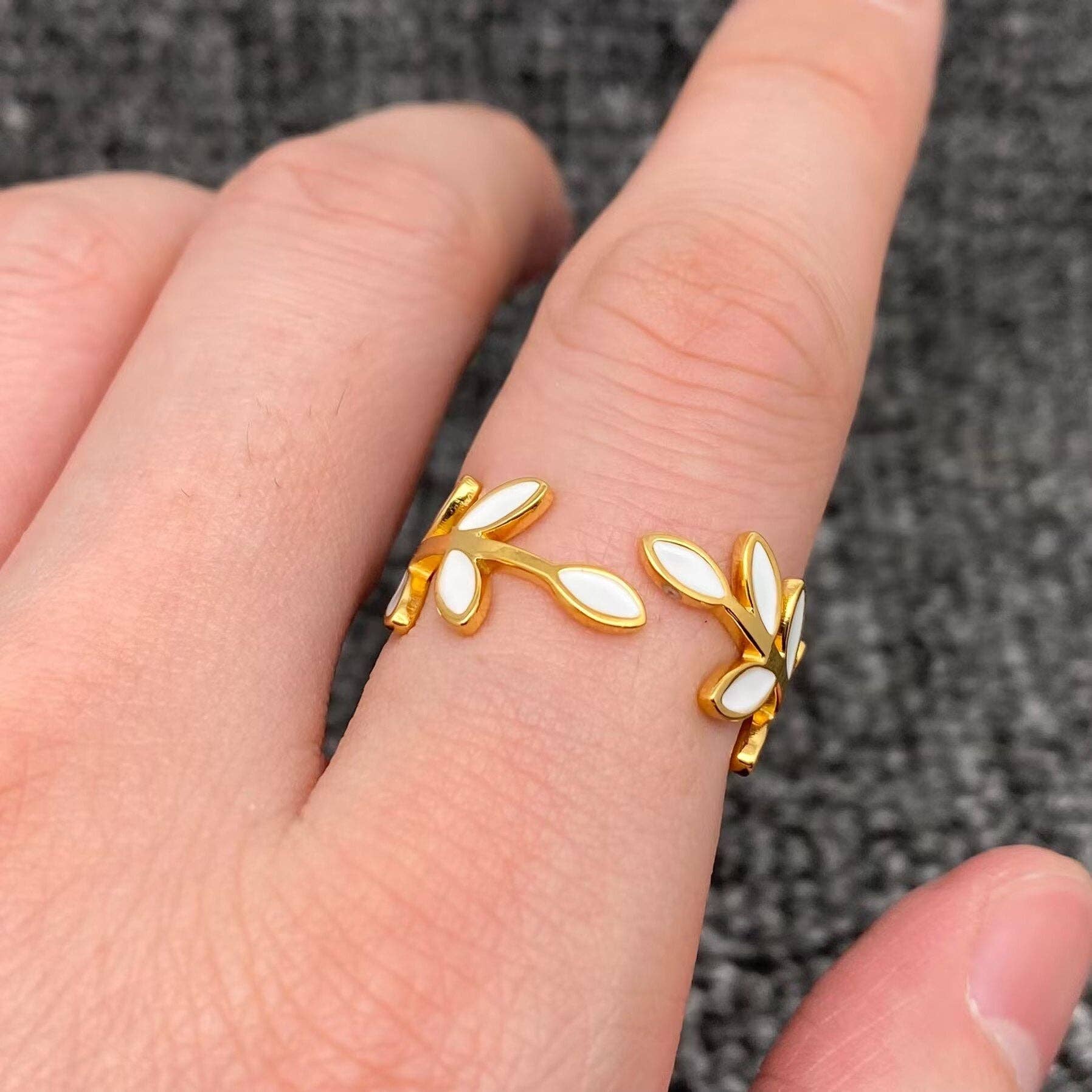 White Enamel 18K Golden S.Steel Foliage Adjustable Ring -FGS