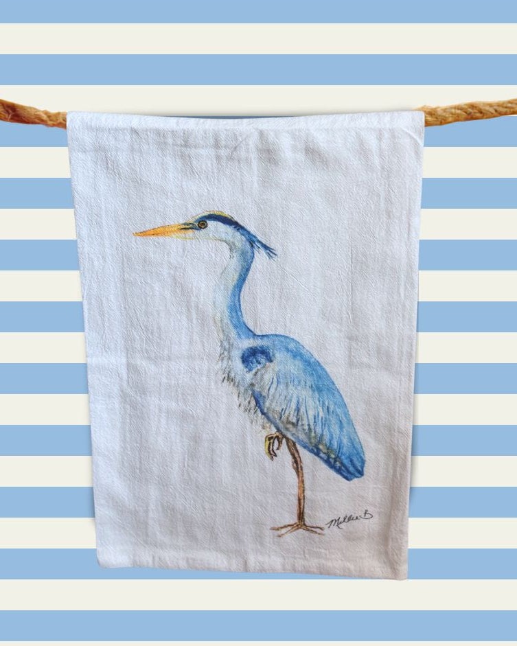 Limited Edition Tall Blue Heron on White Flour Sack Towel