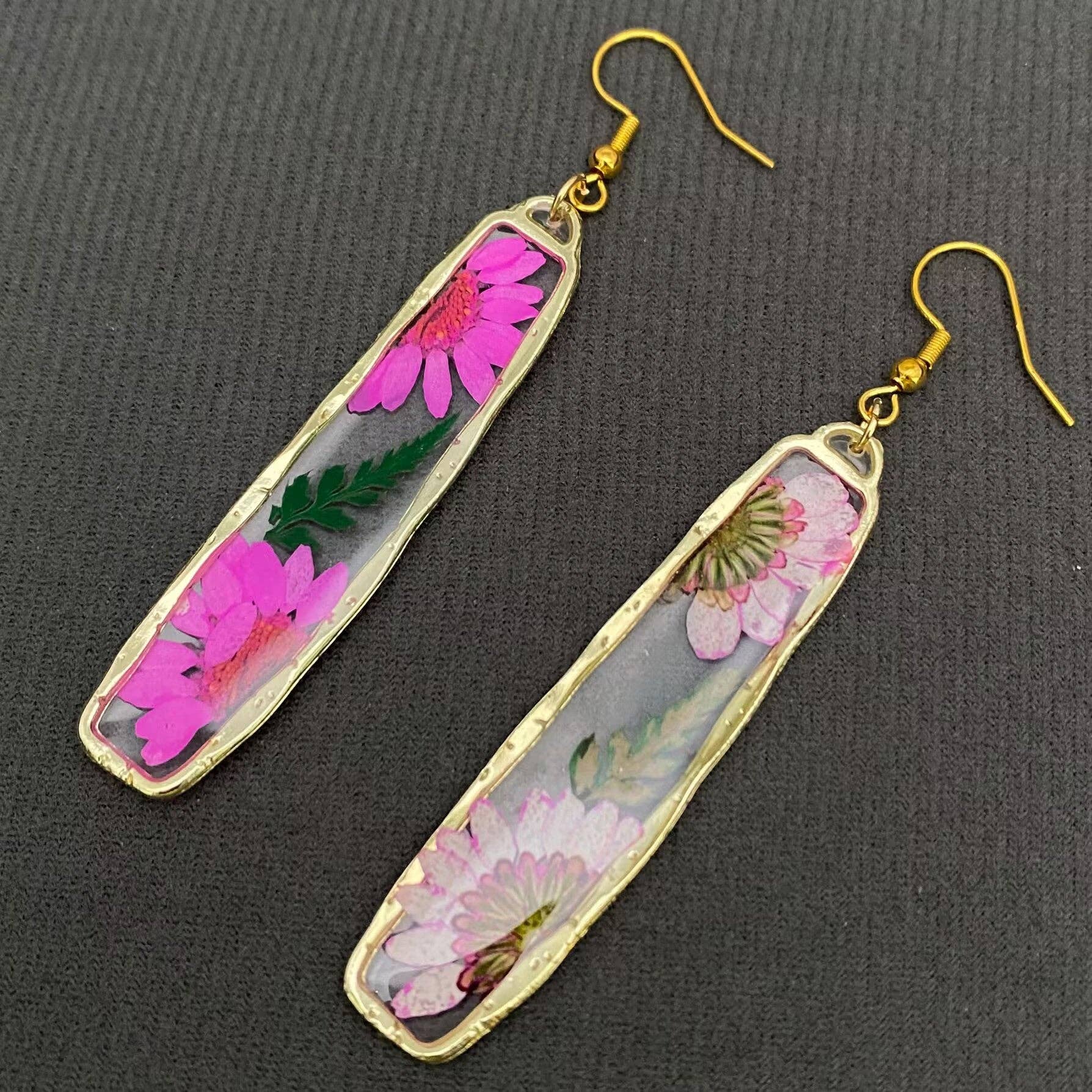 Pressed Dried Flower Long Rectangular Dangle Earrings - PDF