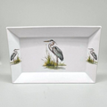 FULL MOOD rectangular porcelain serving platter featuring a detailed blue heron bird motif on a white background.