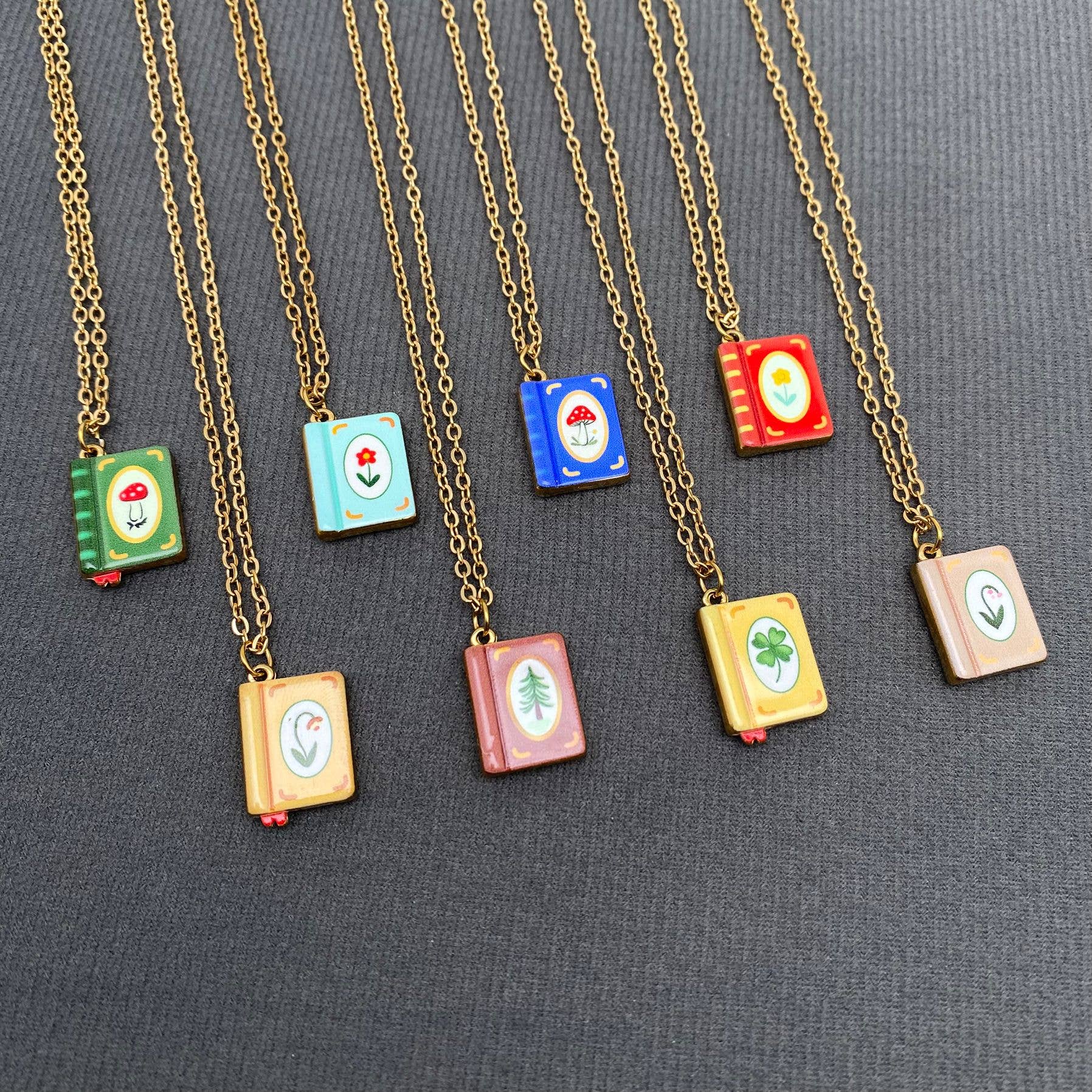 Multi Style Enamel Book 18K Golden S.Steel Necklace - FGS