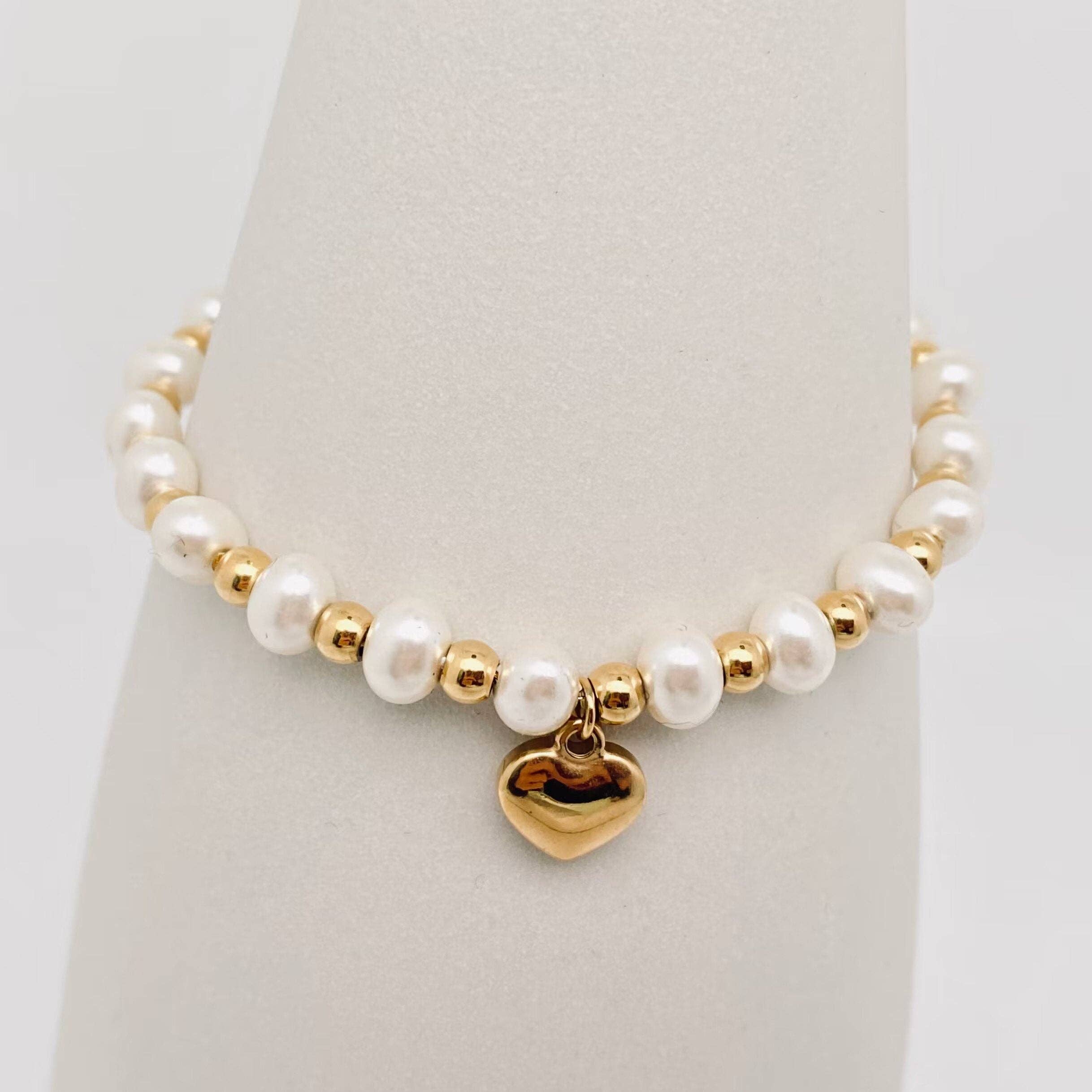 Stainless Steel Heart Pendant Pearl Beaded Bracelet - FGS