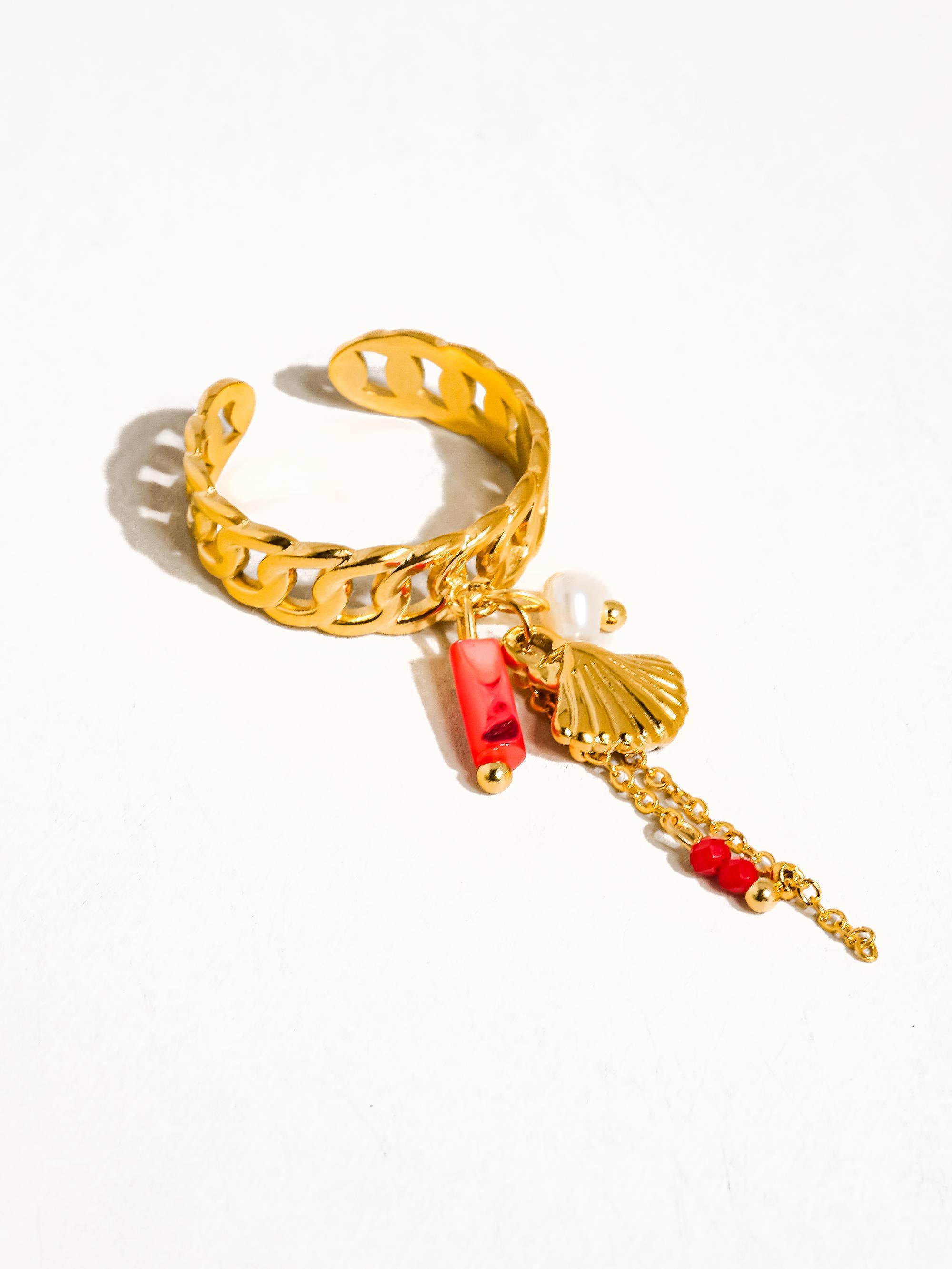 Rade 18K Gold Non-Tarnish Shell Dangle Chain Ring