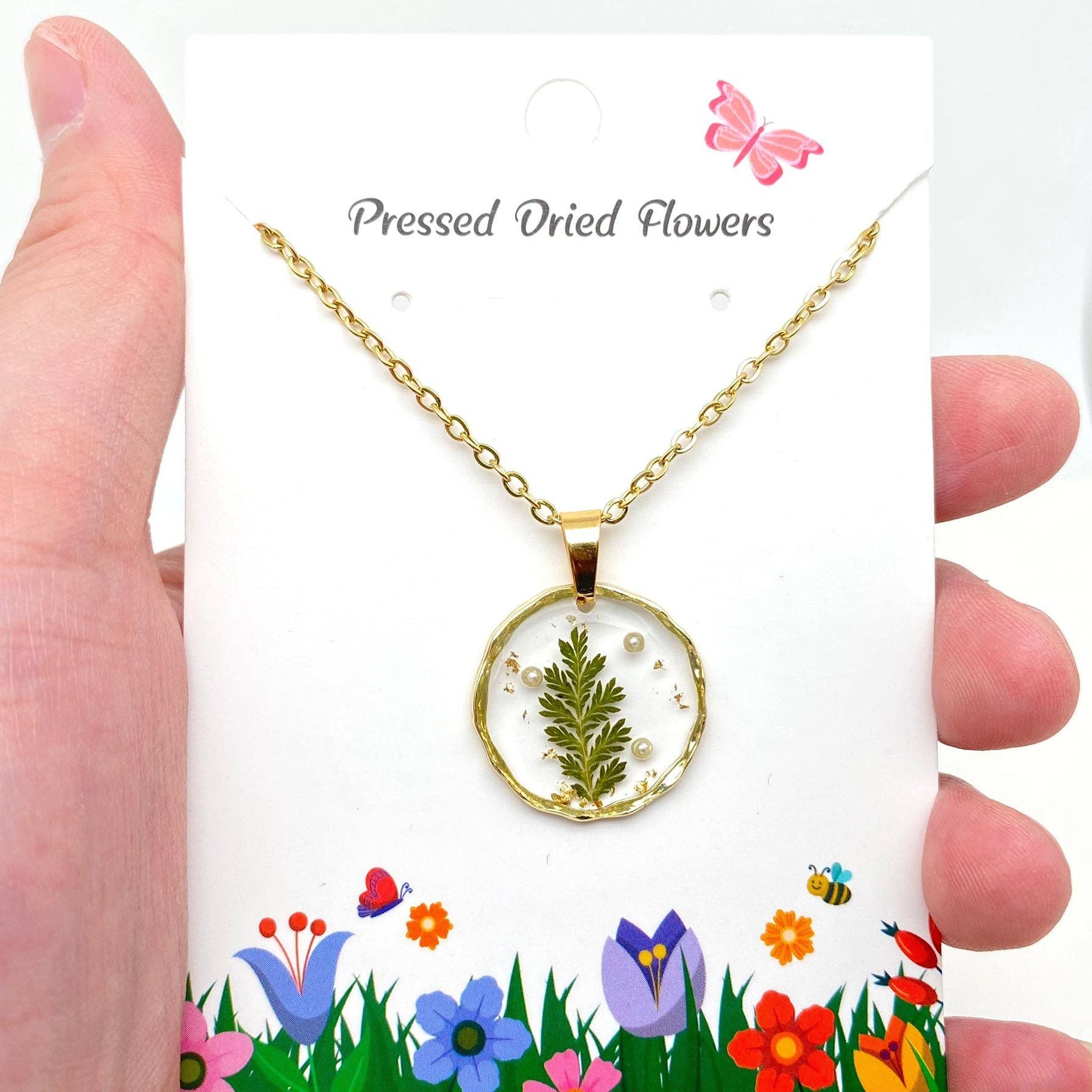Dried Flowers Floral Irregular Round Pendant Necklace - PDF