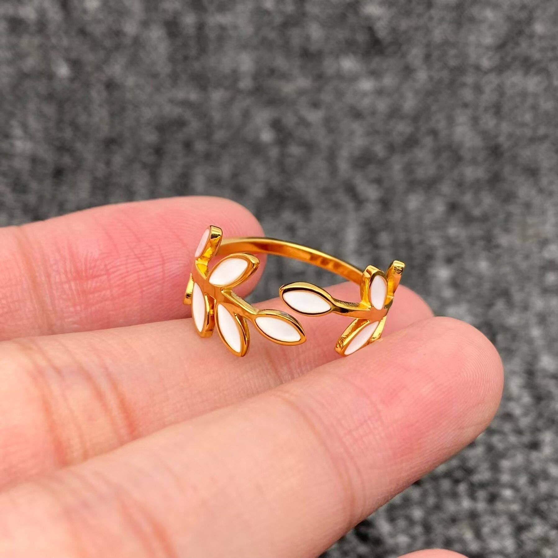 White Enamel 18K Golden S.Steel Foliage Adjustable Ring -FGS
