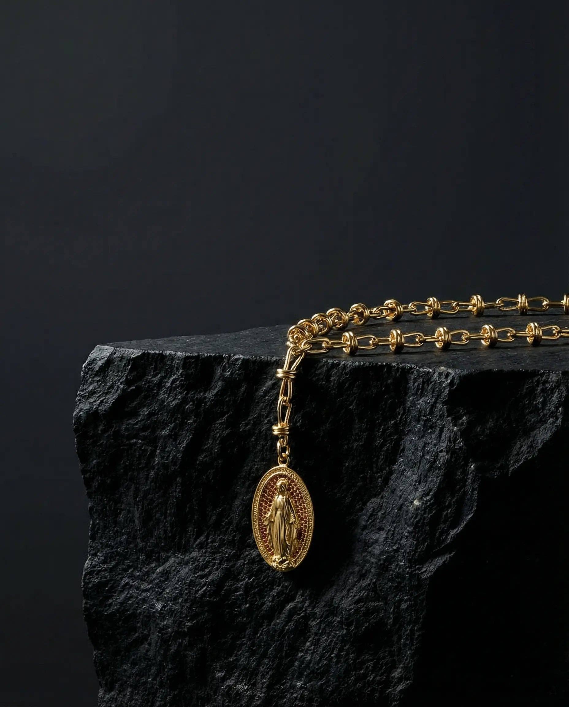 Virgin Mary Medal Necklace with Colored Zircons · 18K Gold Plated