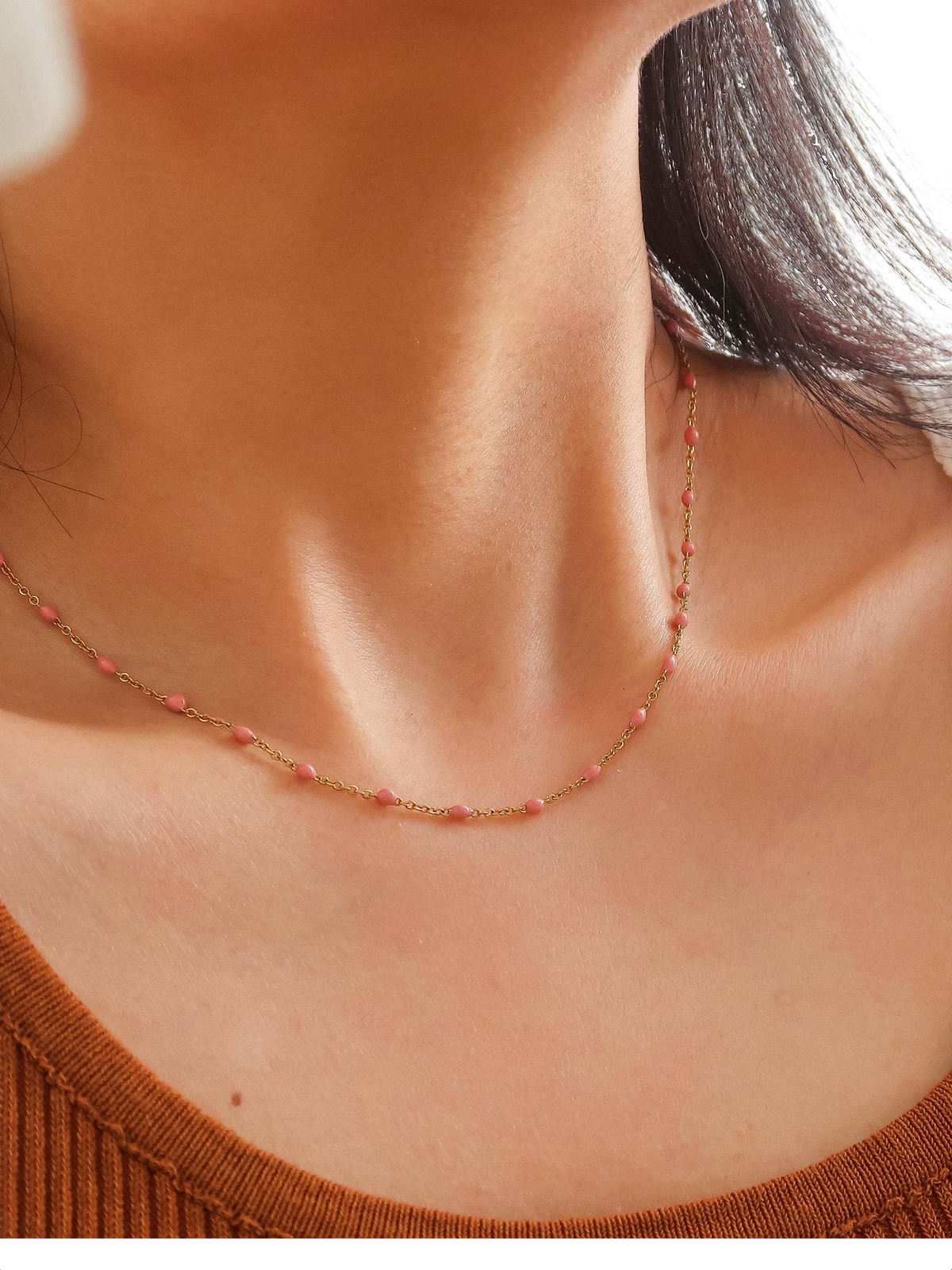 Soleil 18K Gold Non-Tarnish Beaded Petite Chain Necklace: Rose