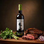 FULL MOOD Cilantro and Red Onion infused olive oil bottle next to grilled steak and fresh cilantro on a wood board.