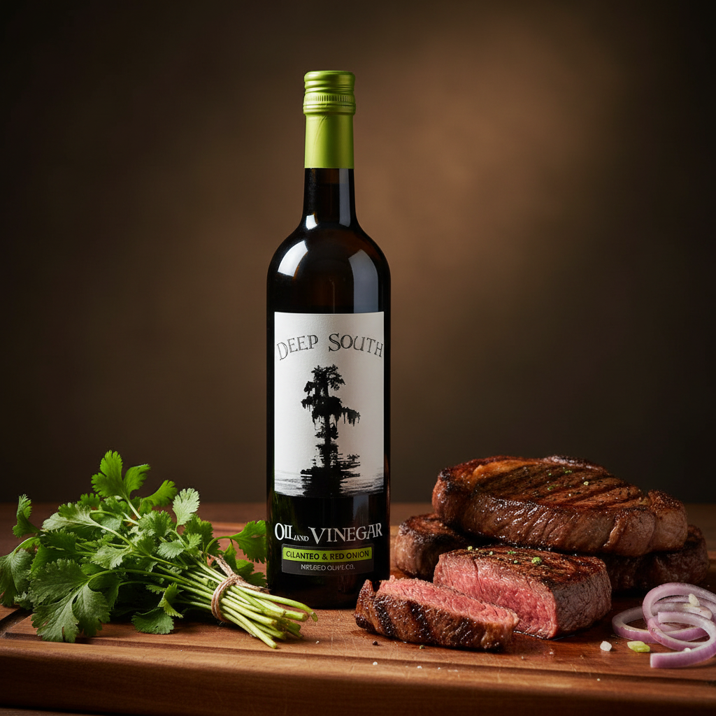 FULL MOOD Cilantro and Red Onion infused olive oil bottle next to grilled steak and fresh cilantro on a wood board.