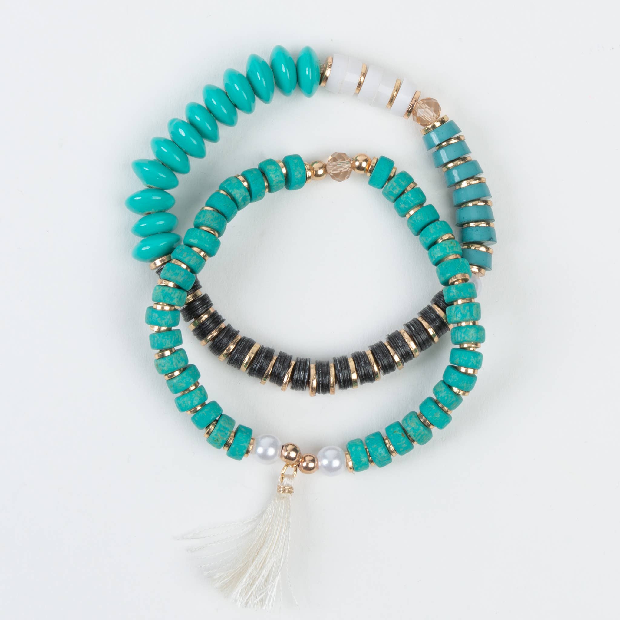 Seafoam Paloma Mango Wood Layered Tasseled Stretch Bracelet: Seafoam