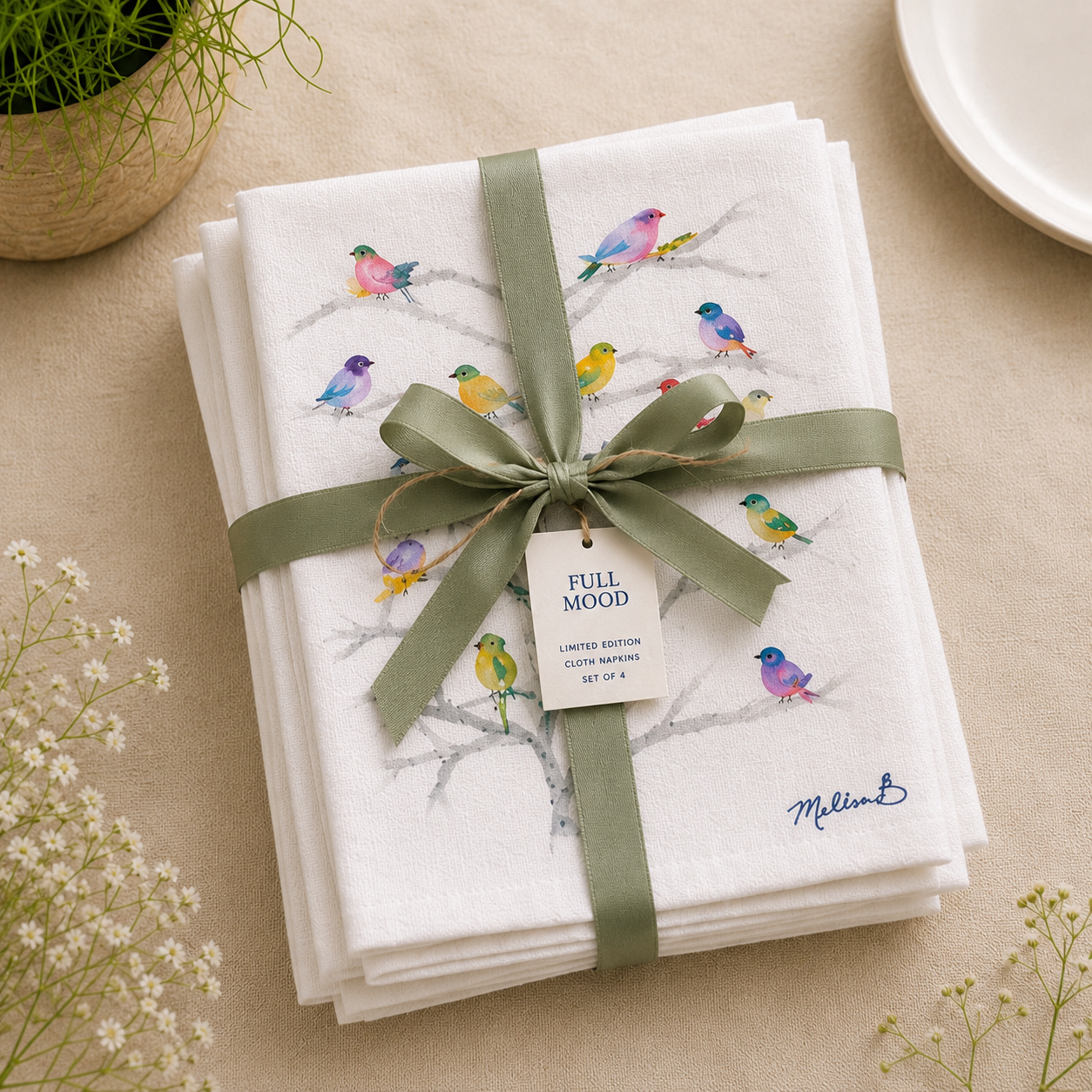 Limited Edition Watercolor Birdies Flour Sack Napkins
