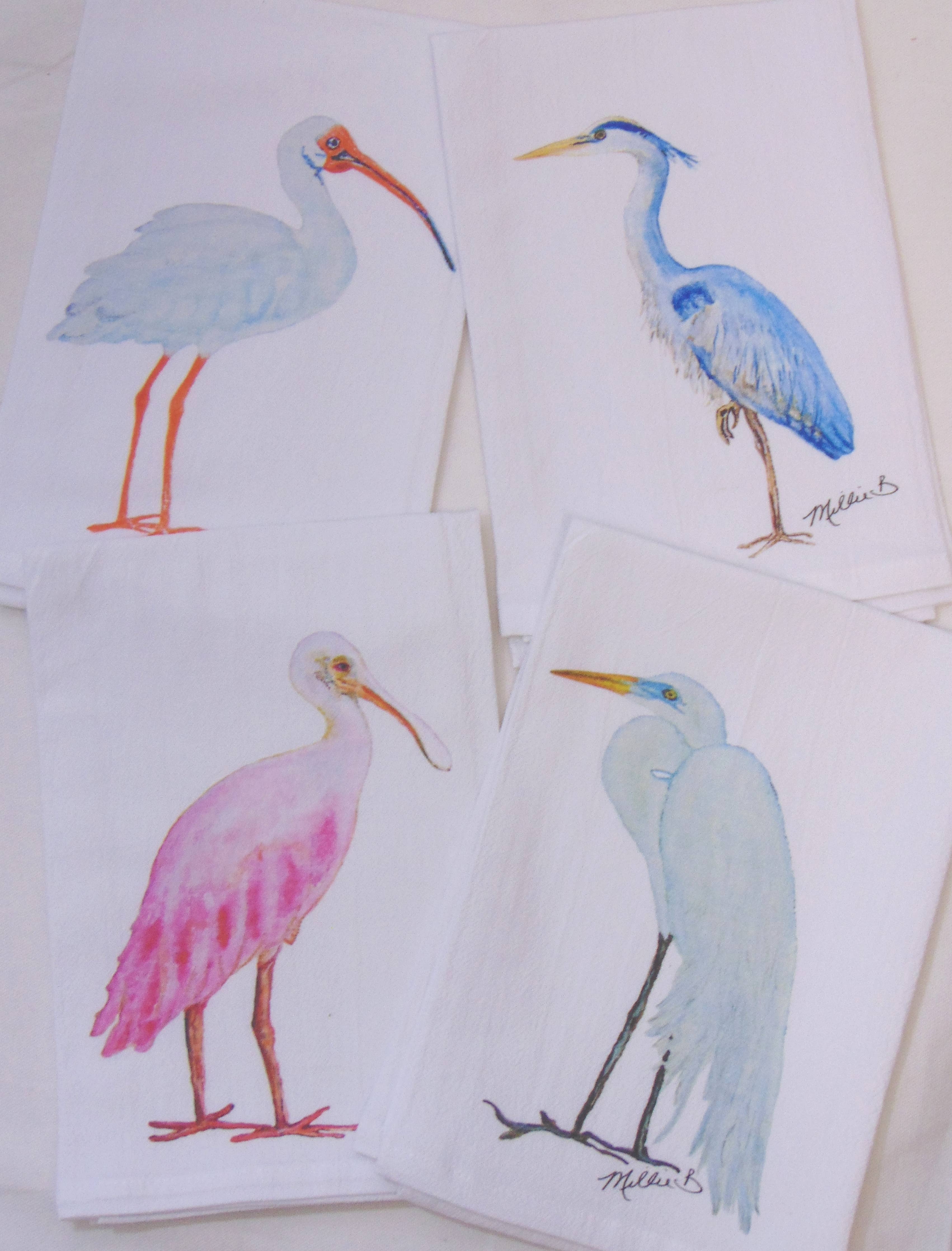 Limited Edition Tall Blue Heron on White Flour Sack Towel