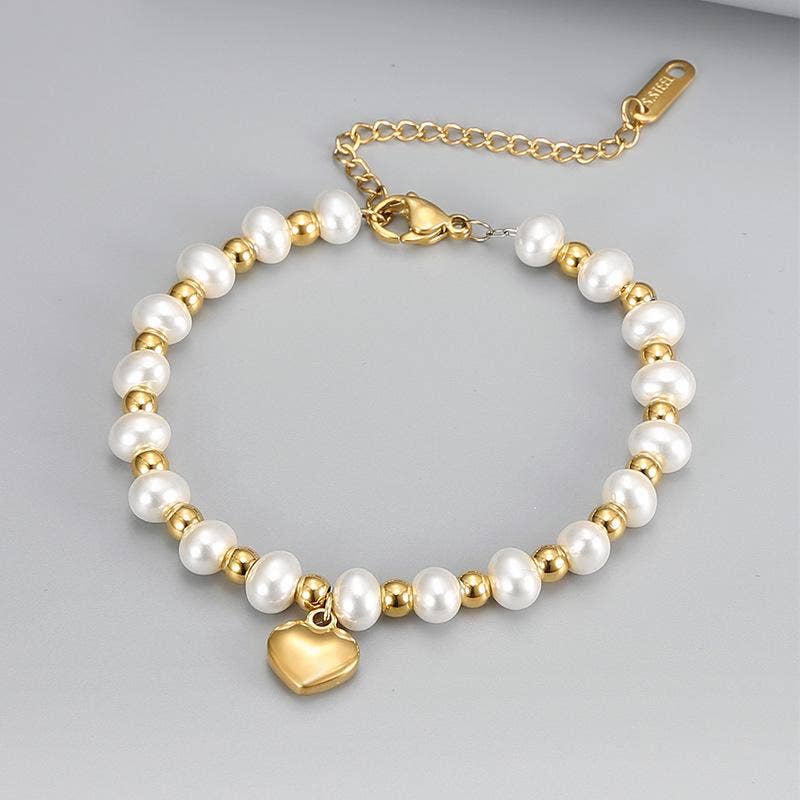 Stainless Steel Heart Pendant Pearl Beaded Bracelet - FGS