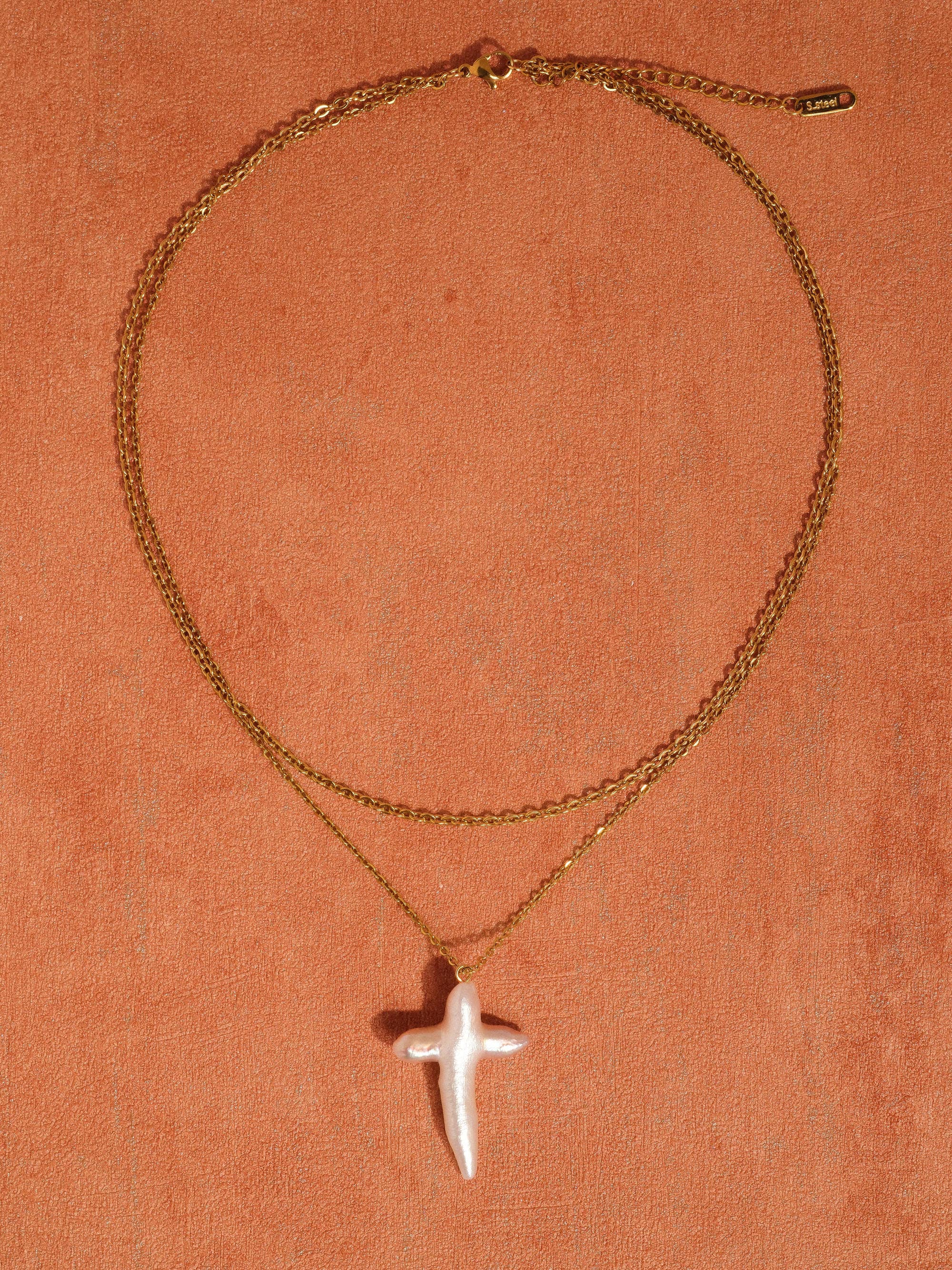 Aurise 18K Gold Non-Tarnish Freshwater Pearl Cross Necklace