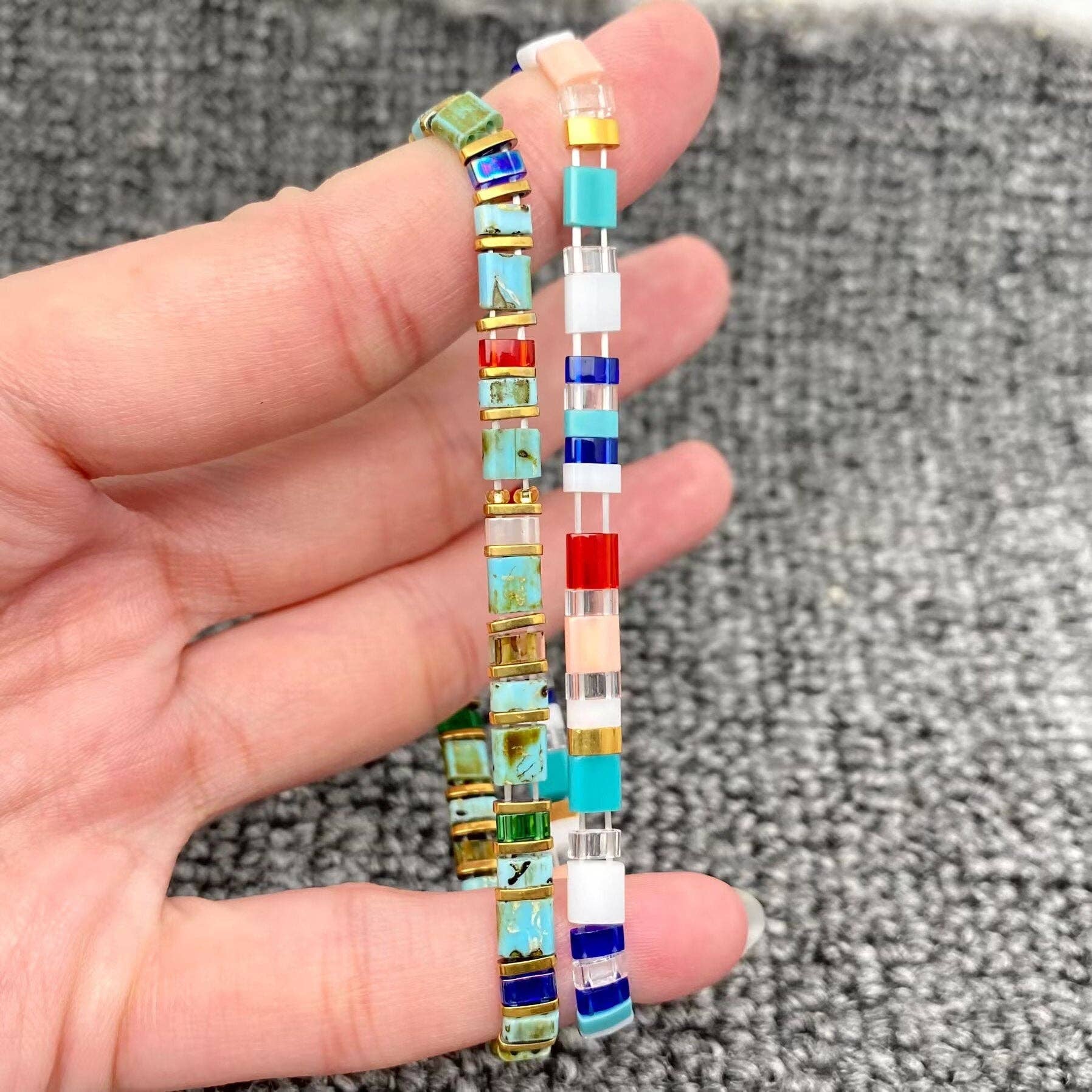 Boho Glass & Hematite Beaded TILA Beads Stretch Bracelet -BJ