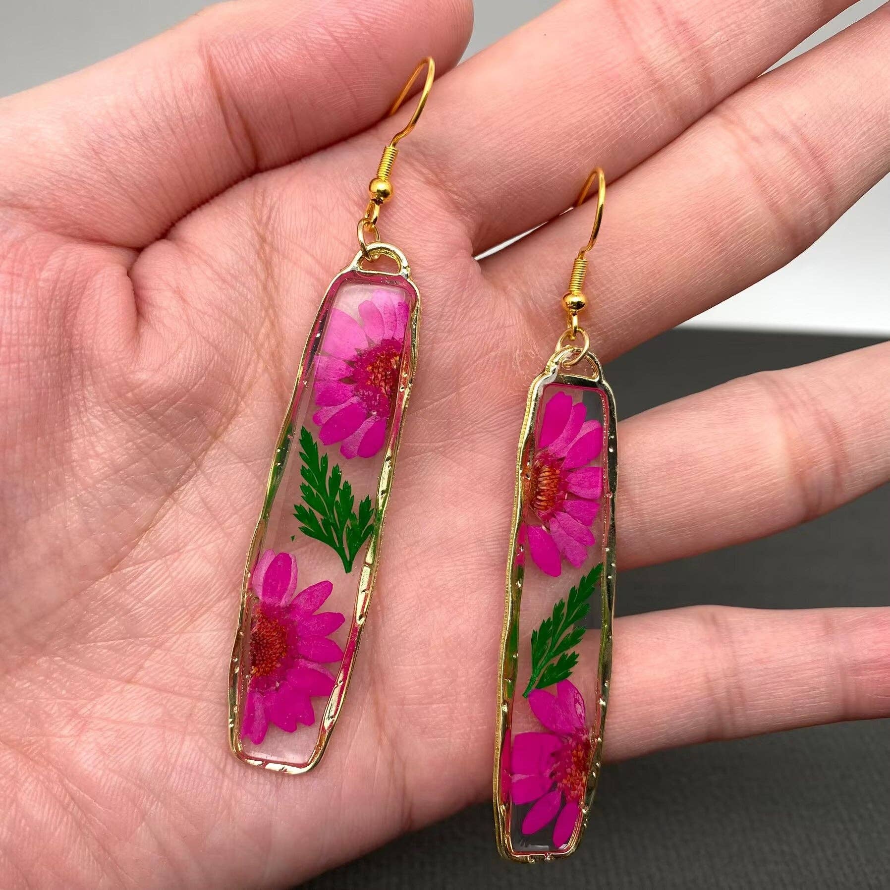 Pressed Dried Flower Long Rectangular Dangle Earrings - PDF