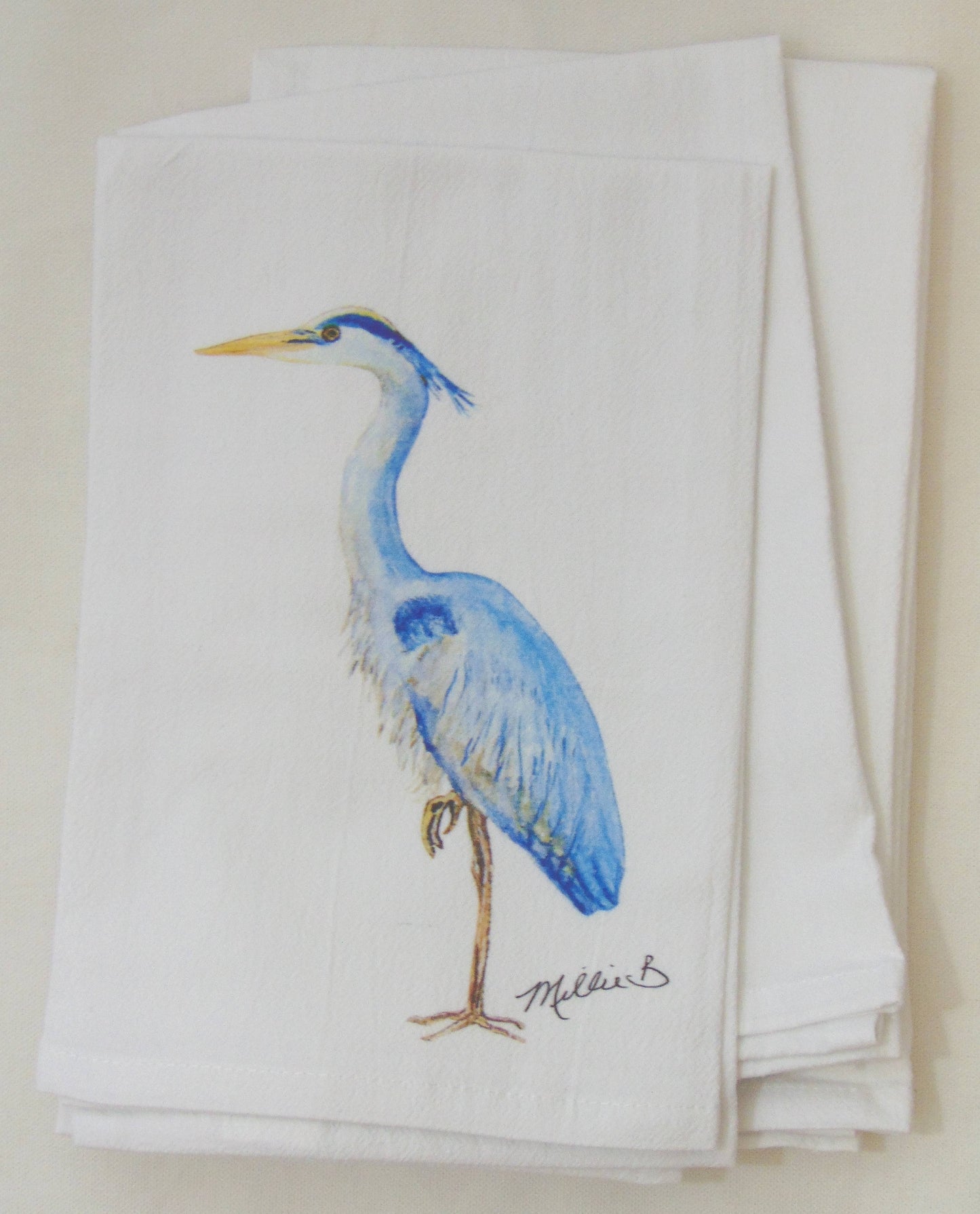 Limited Edition Tall Blue Heron on White Flour Sack Towel
