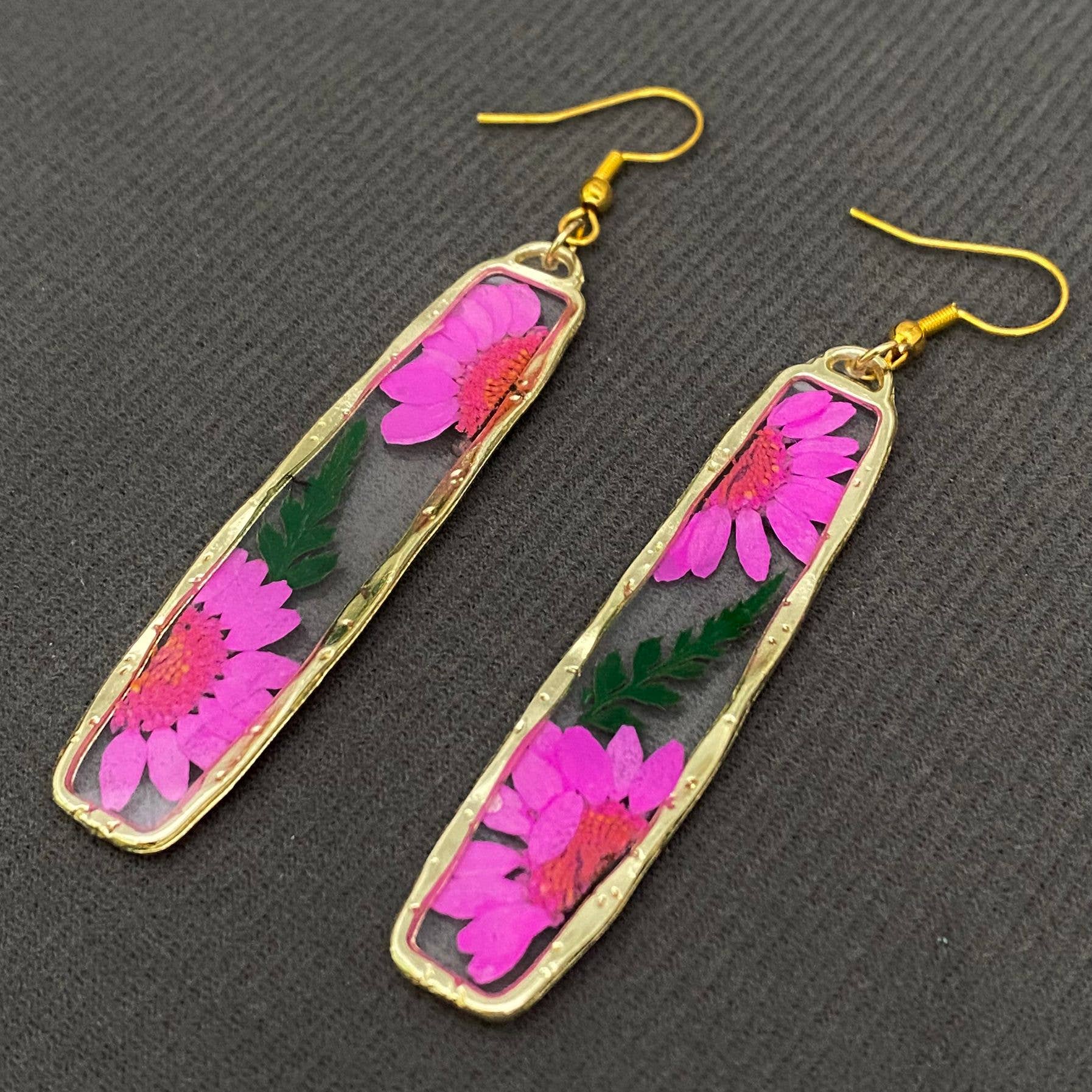 Pressed Dried Flower Long Rectangular Dangle Earrings - PDF