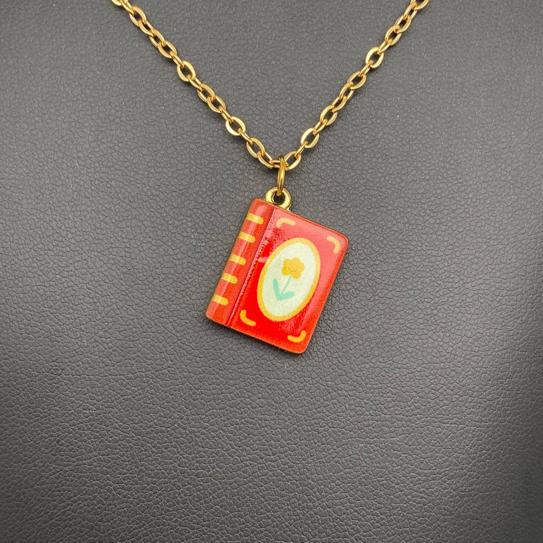 Multi Style Enamel Book 18K Golden S.Steel Necklace - FGS