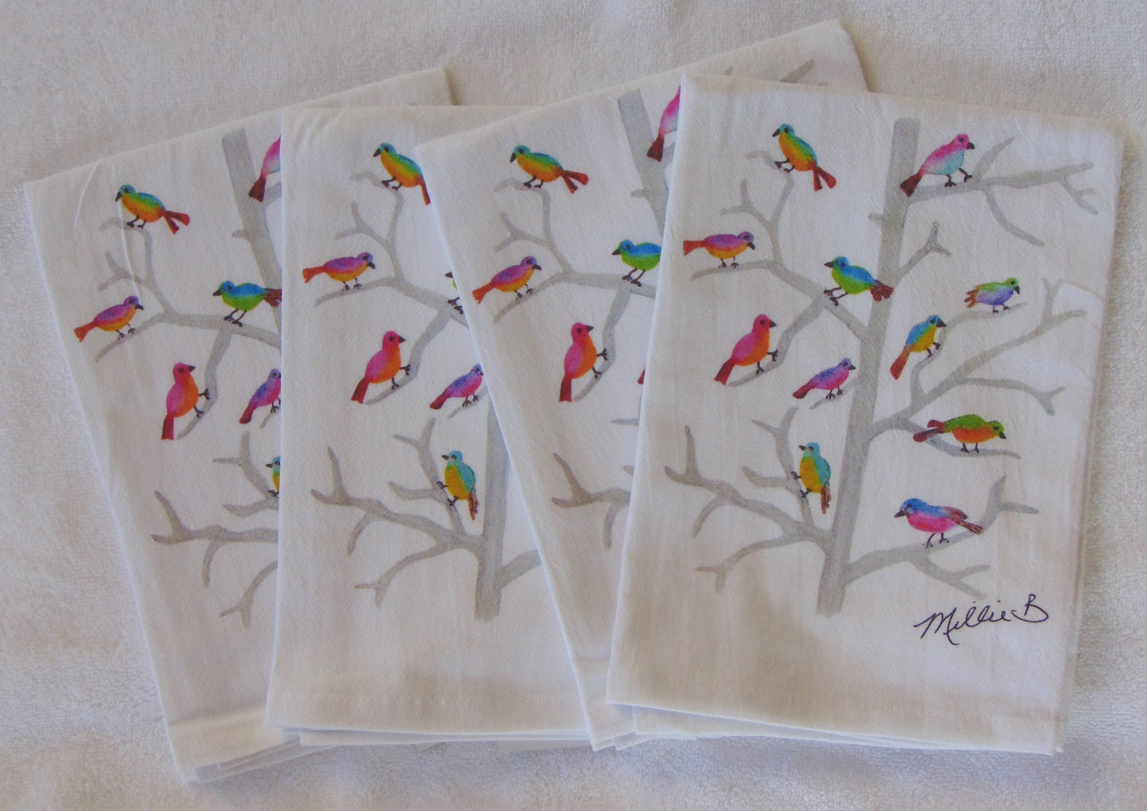 Limited Edition Watercolor Birdies Flour Sack Napkins