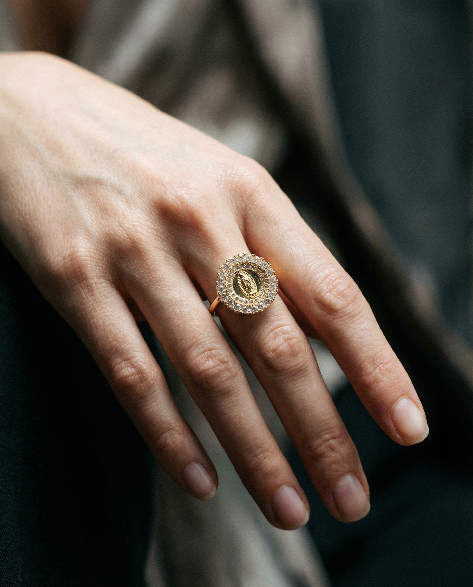 Catholic ring with the Virgin Mary and a cubic zirconia halo