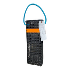 A black plastic mesh hanging bag with a bright blue rope handle and an orange band, shown with a white product tag on a plain white background.