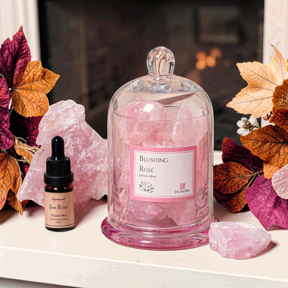 FULL MOOD PALMOIRE Blushing Rose gemstone diffuser set with pink quartz crystals in a glass cloche and fragrance oil