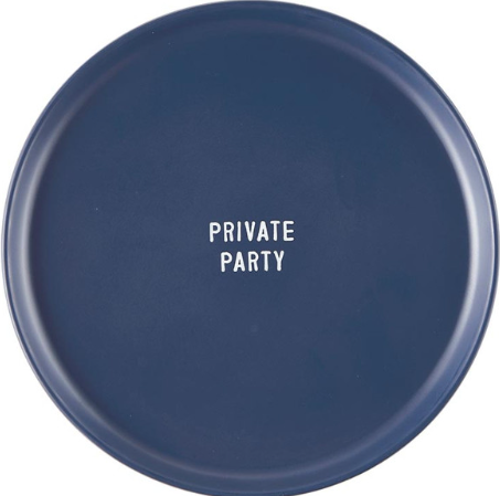 Navy blue plate set with 'PRIVATE PARTY' text on a white background