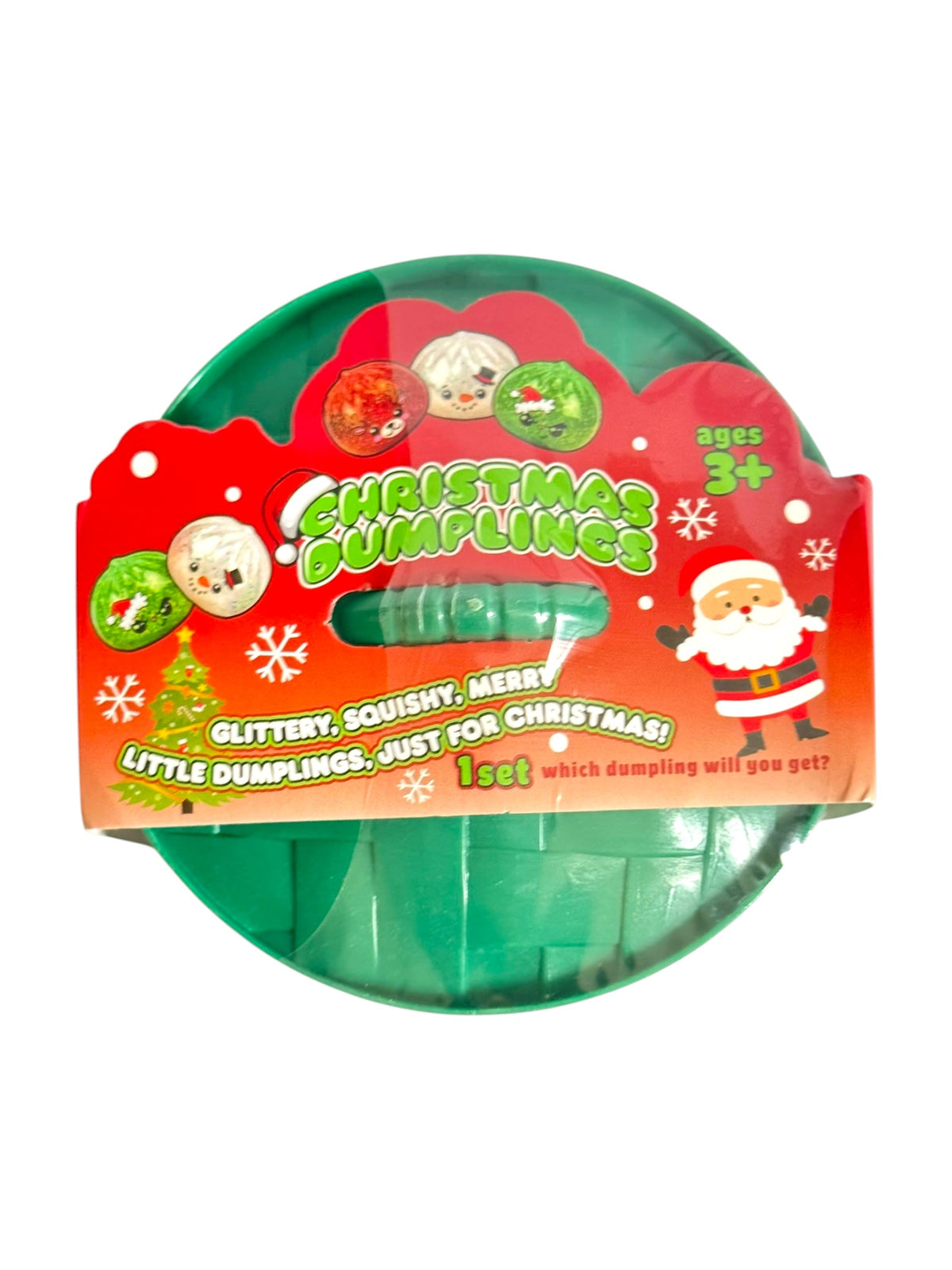 A 1-pack of 'Christmas Dumplings' by Super7, featuring a green glittery squishy toy shaped like a dumpling inside a red and green retail blister pack with Santa graphics.