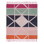 A square woven throw blanket with a geometric pattern, featuring fringed tassels on the top and bottom edges. The design consists of blocks of magenta, sage green, navy blue, light pink, and orange separated by cream-colored lines.