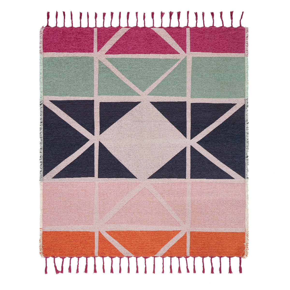 A square woven throw blanket with a geometric pattern, featuring fringed tassels on the top and bottom edges. The design consists of blocks of magenta, sage green, navy blue, light pink, and orange separated by cream-colored lines.
