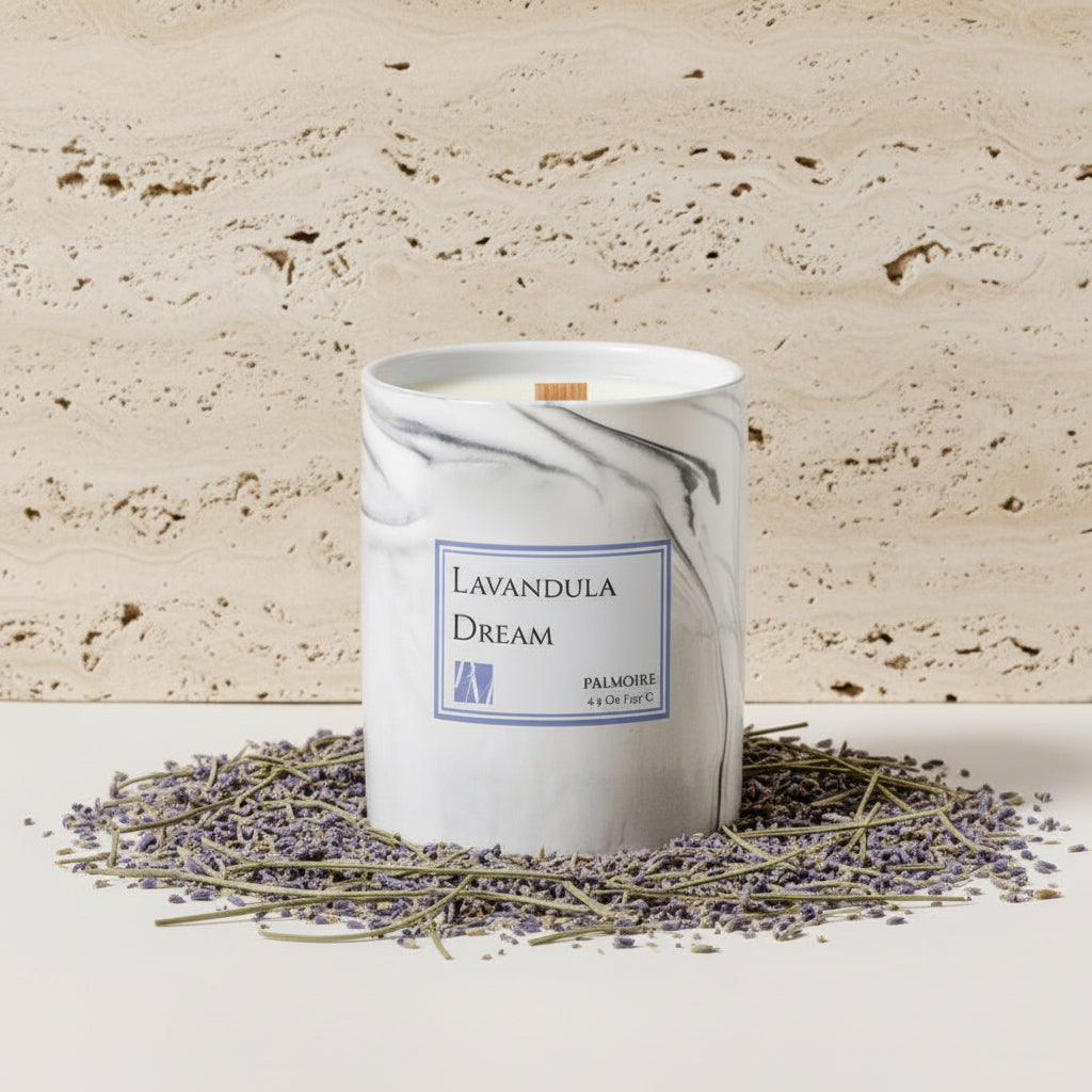 Candle labeled 'Lavandula Dream' with lavender and rosemary on a light background