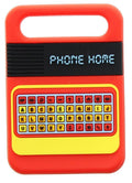 A retro-style toy phone or educational toy with a red body, yellow keypad border, and a black display screen showing the text 'PHONE HOME'.