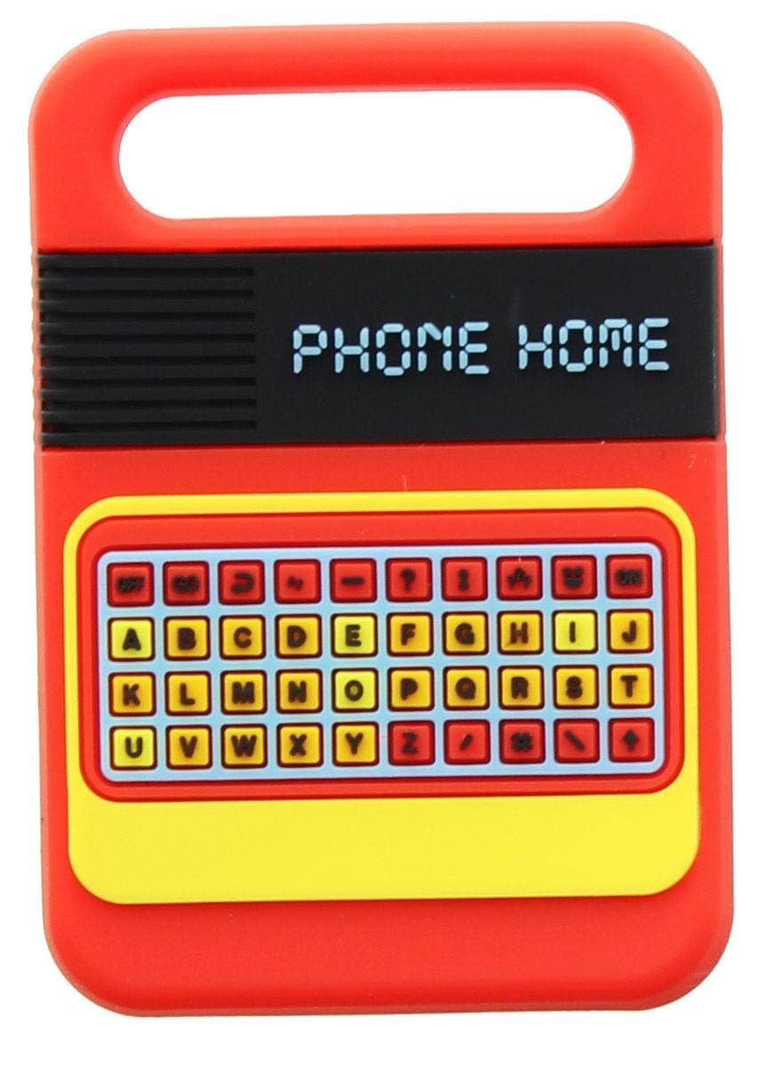 A retro-style toy phone or educational toy with a red body, yellow keypad border, and a black display screen showing the text 'PHONE HOME'.