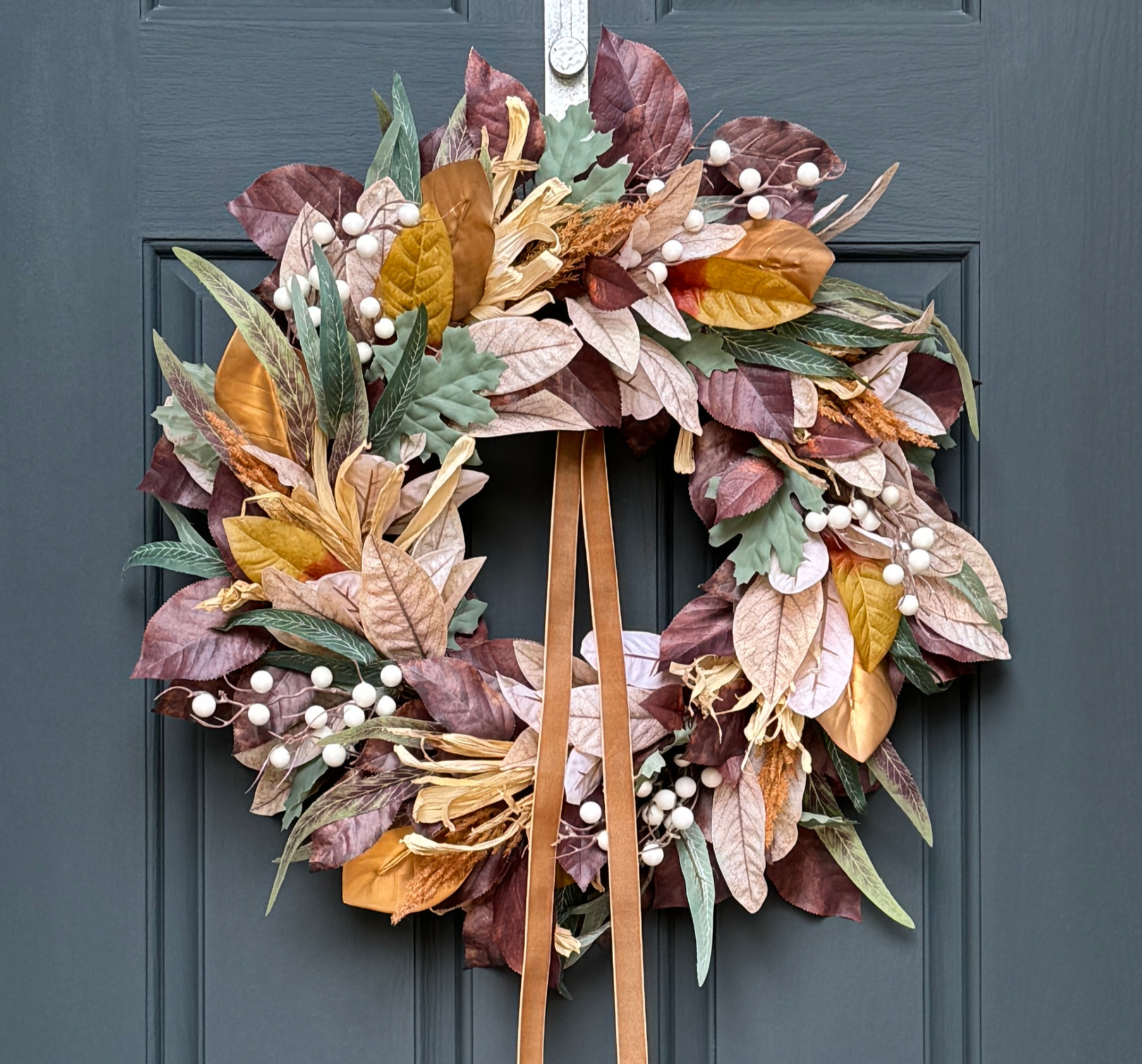 Neutral Fall Wreath with Berries & Gold Velvet Ribbon