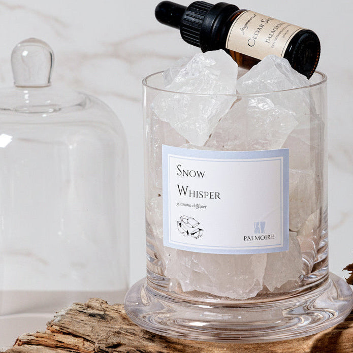 Glass container with ice cubes and a bottle labeled 'Snow Whisper' on a wooden surface.