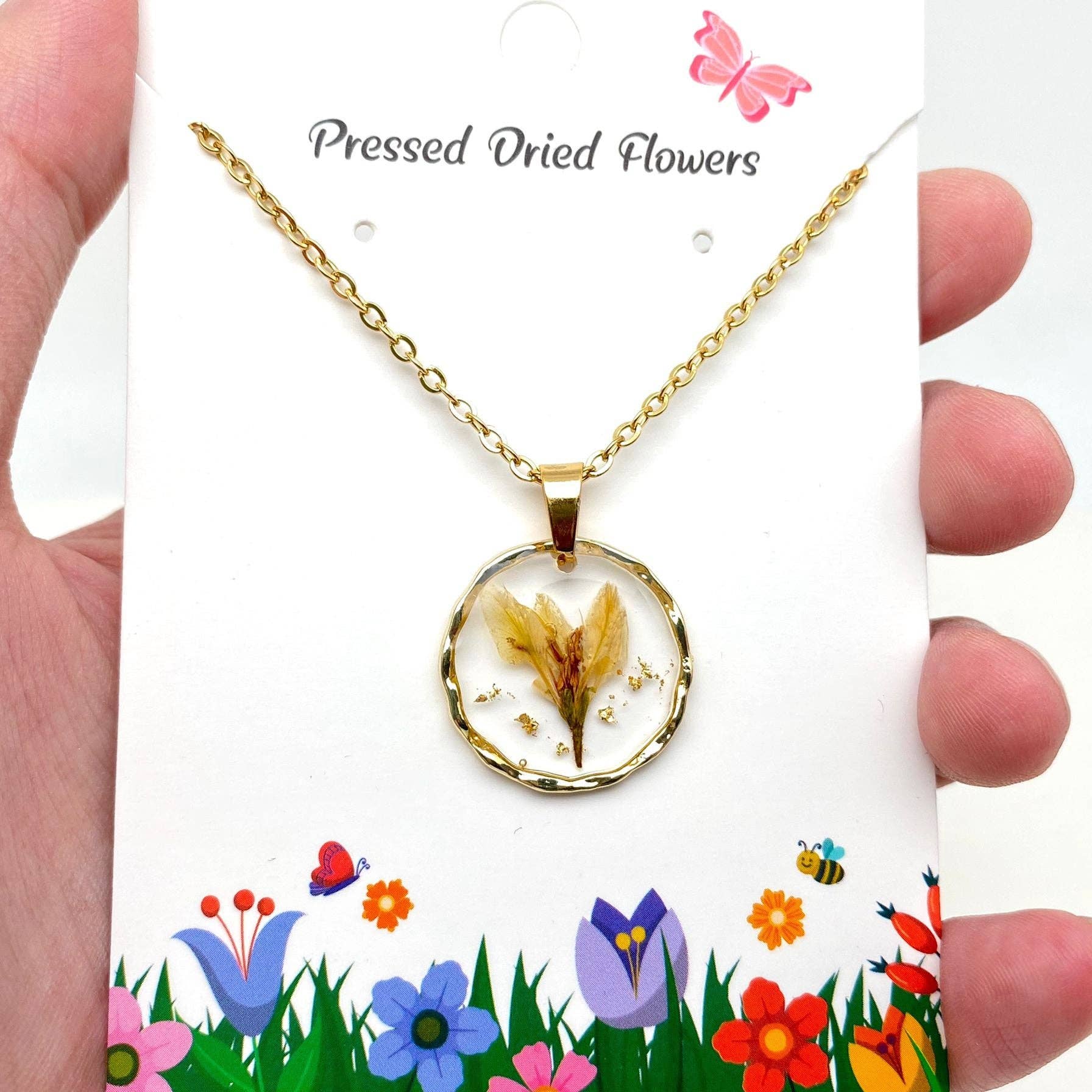 Dried Flowers Floral Irregular Round Pendant Necklace - PDF