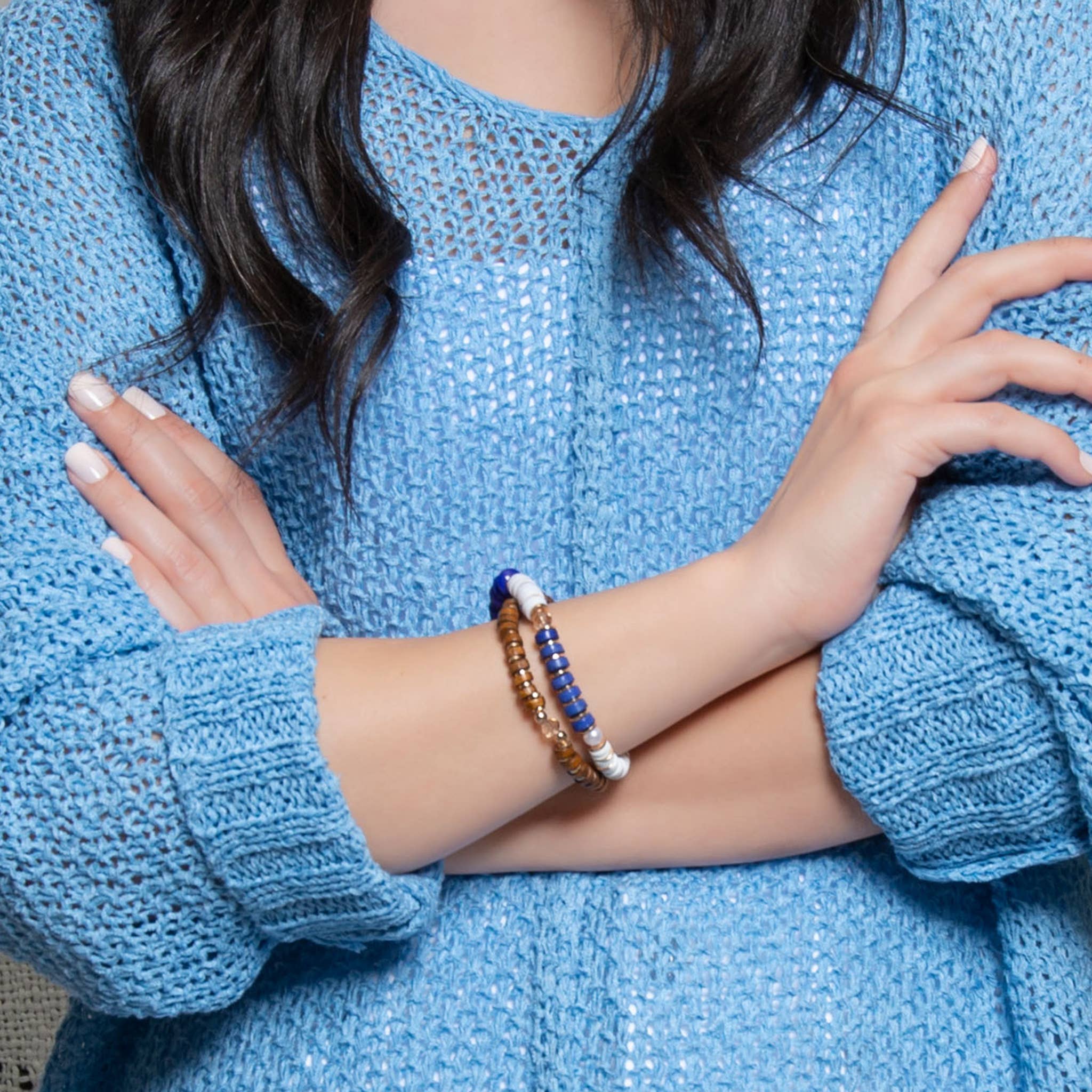 Ocean Paloma Mango Wood Layered Tasseled Stretch Bracelet: Ocean