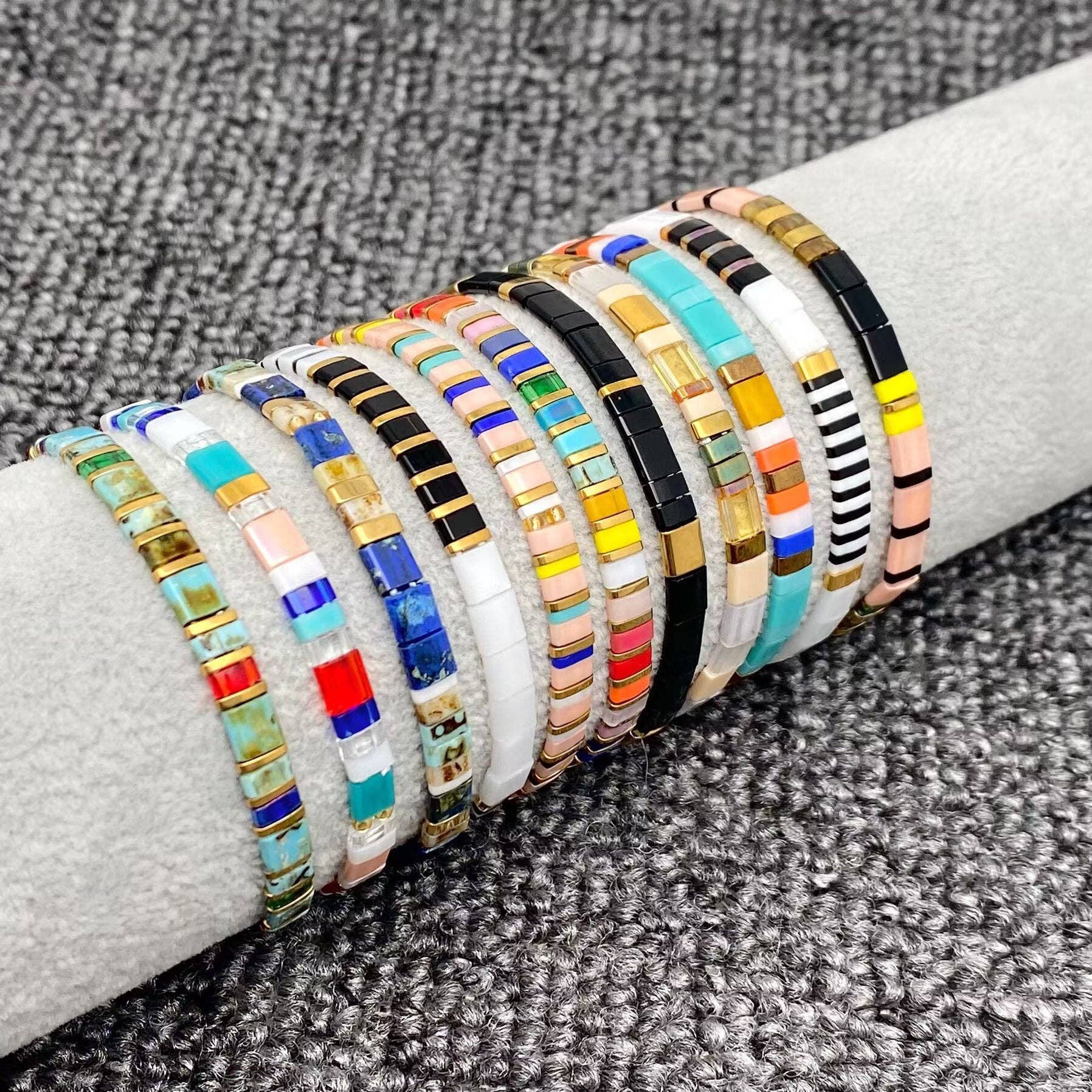Boho Glass & Hematite Beaded TILA Beads Stretch Bracelet -BJ