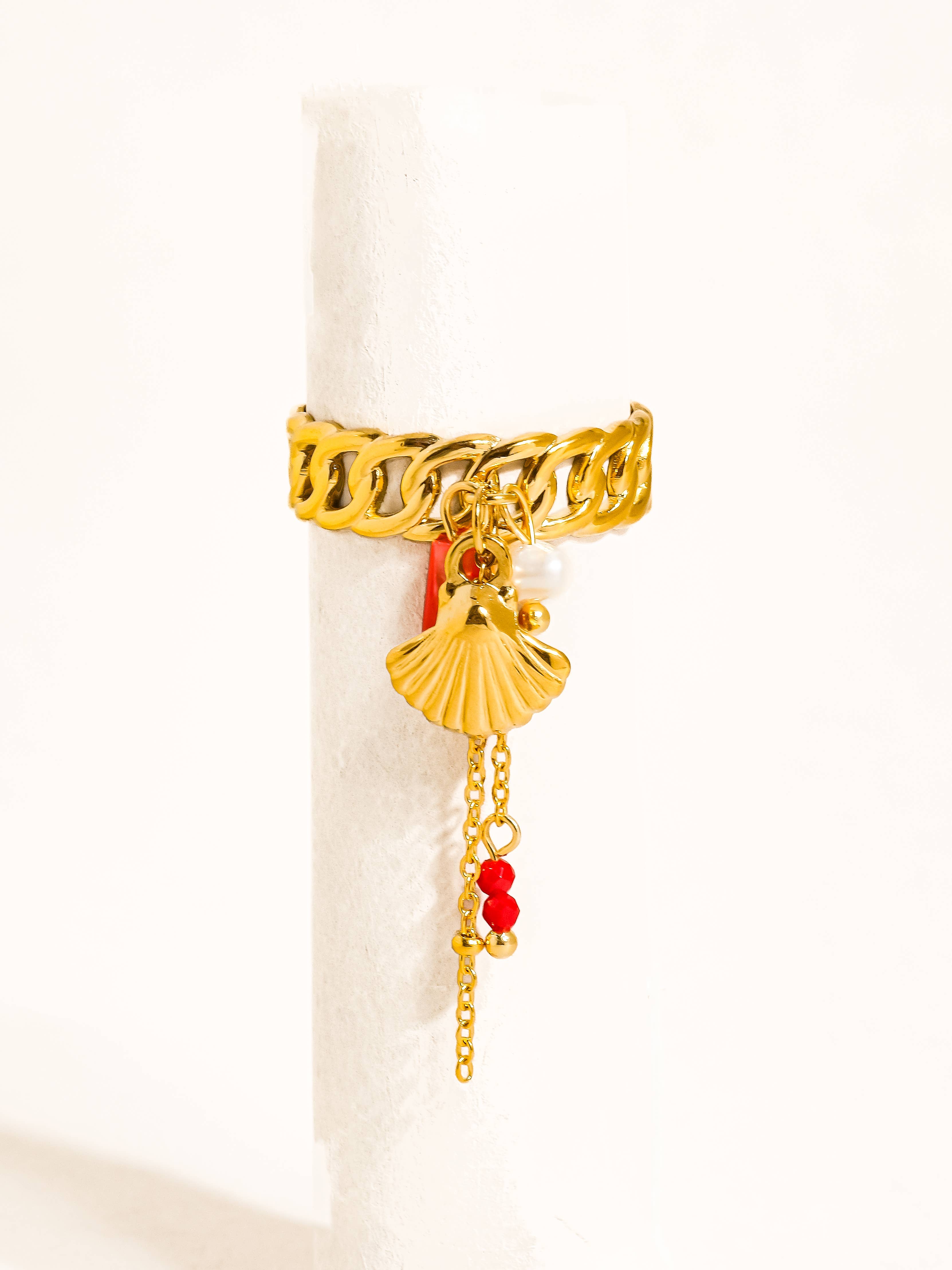 Rade 18K Gold Non-Tarnish Shell Dangle Chain Ring