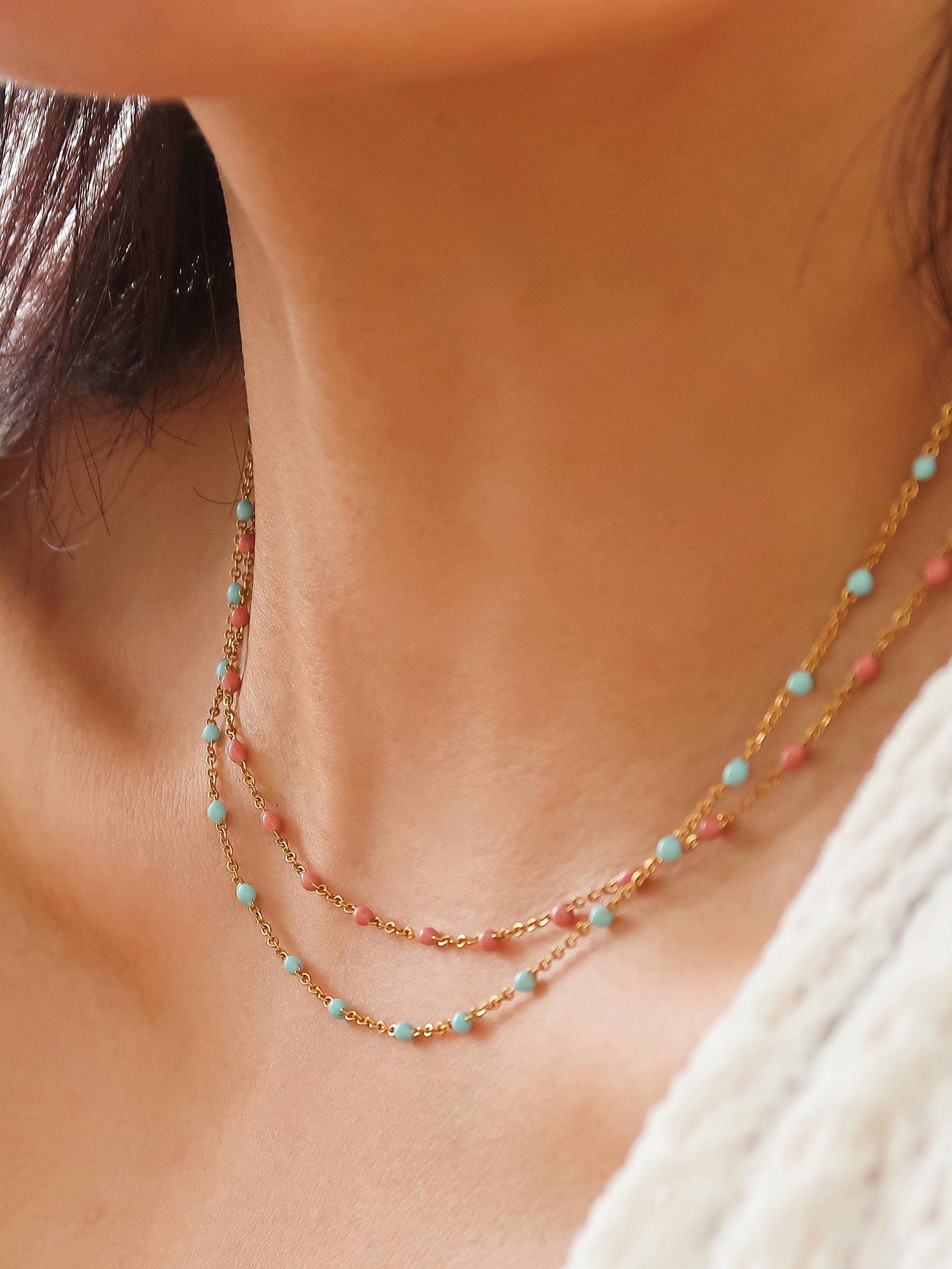 Soleil 18K Gold Non-Tarnish Beaded Petite Chain Necklace: Rose