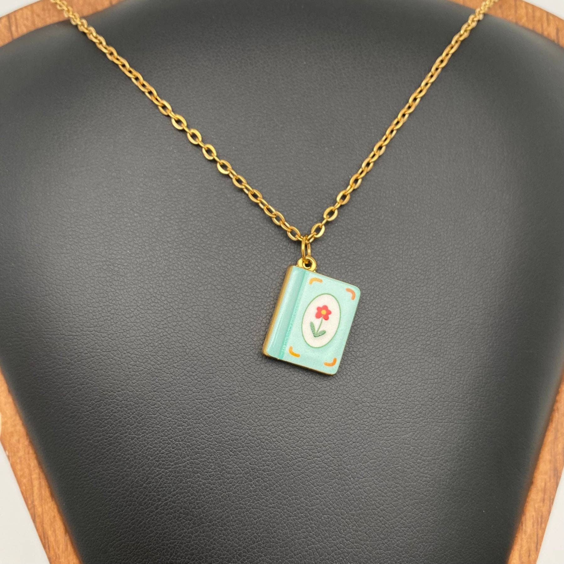 Multi Style Enamel Book 18K Golden S.Steel Necklace - FGS