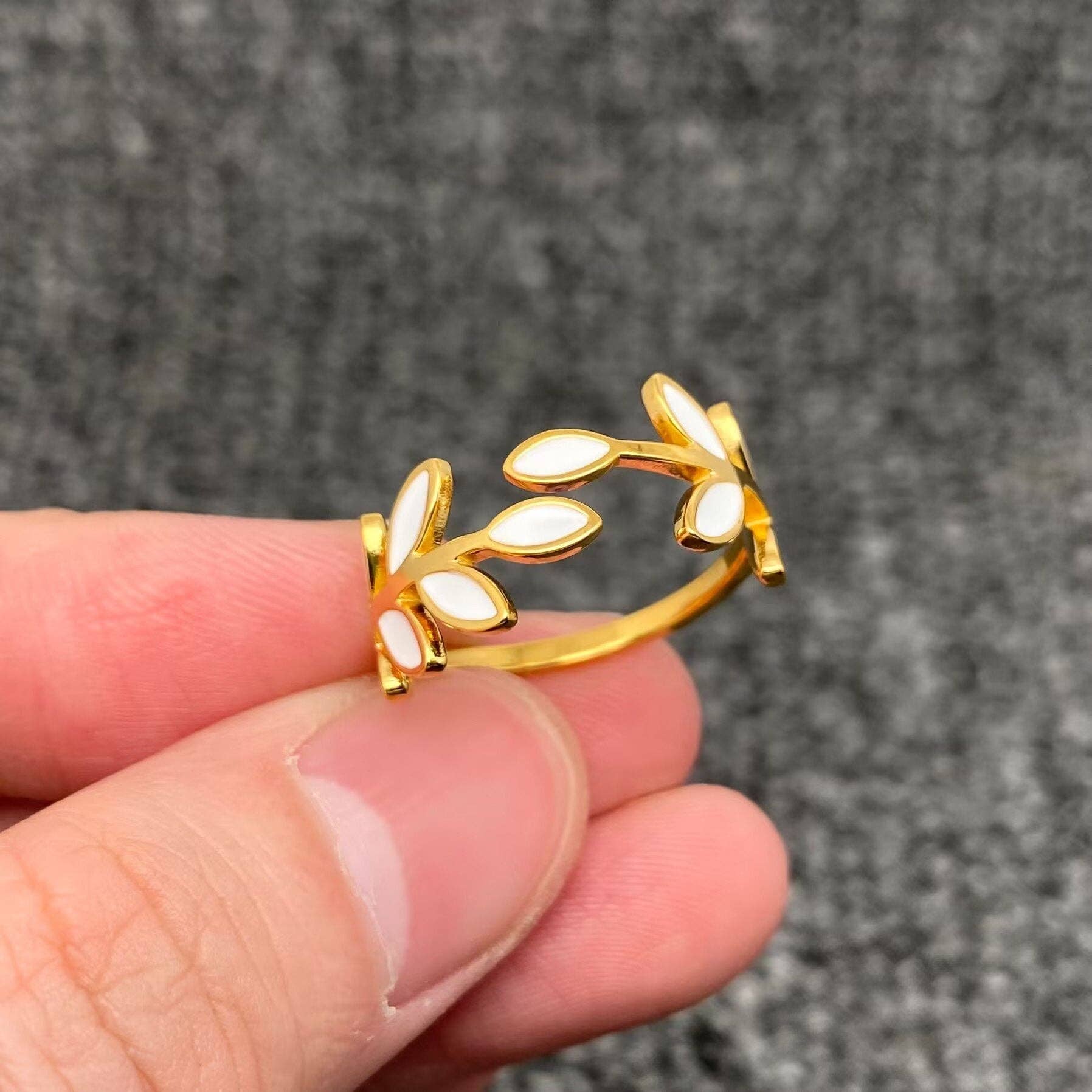 White Enamel 18K Golden S.Steel Foliage Adjustable Ring -FGS