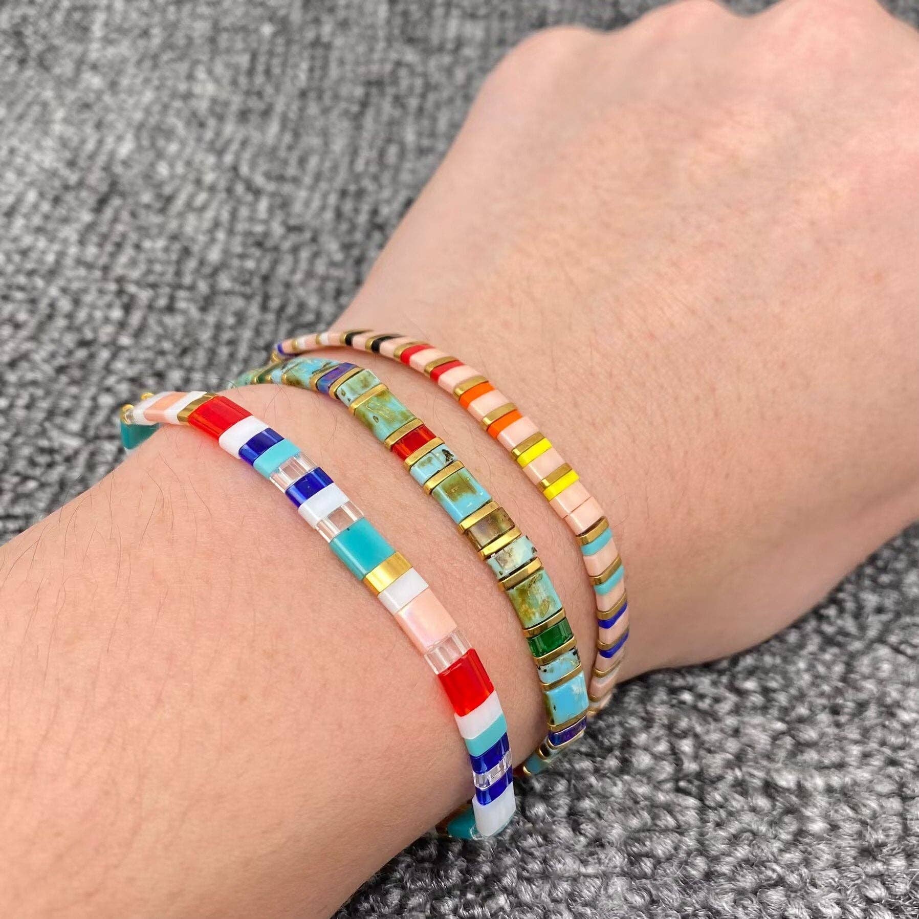 Boho Glass & Hematite Beaded TILA Beads Stretch Bracelet -BJ