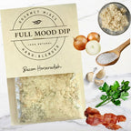 FULL MOOD Bacon Horseradish seasoning dip mix packet surrounded by fresh ingredients like bacon, onion, and garlic.