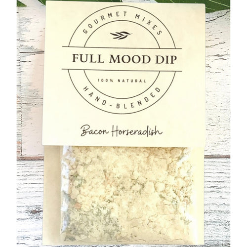 FULL MOOD Bacon Horseradish seasoning dip mix in a clear pouch with a cream-colored label on a rustic wooden surface.