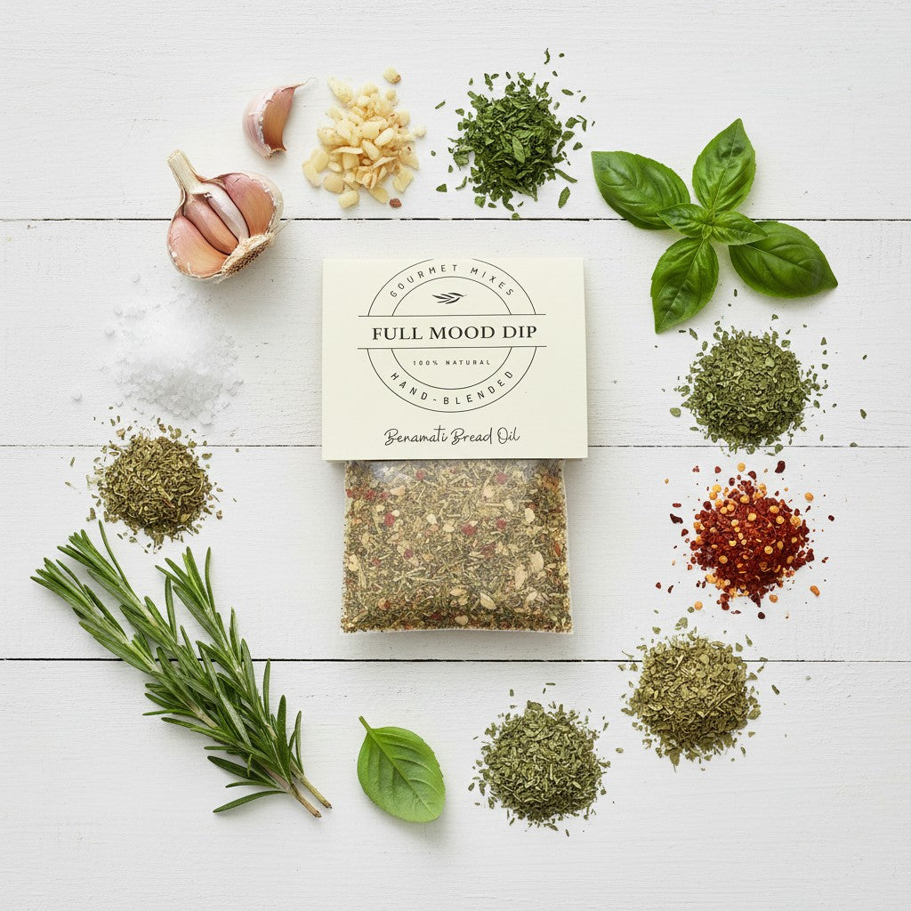 FULL MOOD Benamati Bread Oil gourmet seasoning mix surrounded by fresh garlic, rosemary, basil, and dried spices.