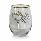 FULL MOOD stemless wine glass with gold rim and Birthday Booze script in shimmering gold on clear crystal glass